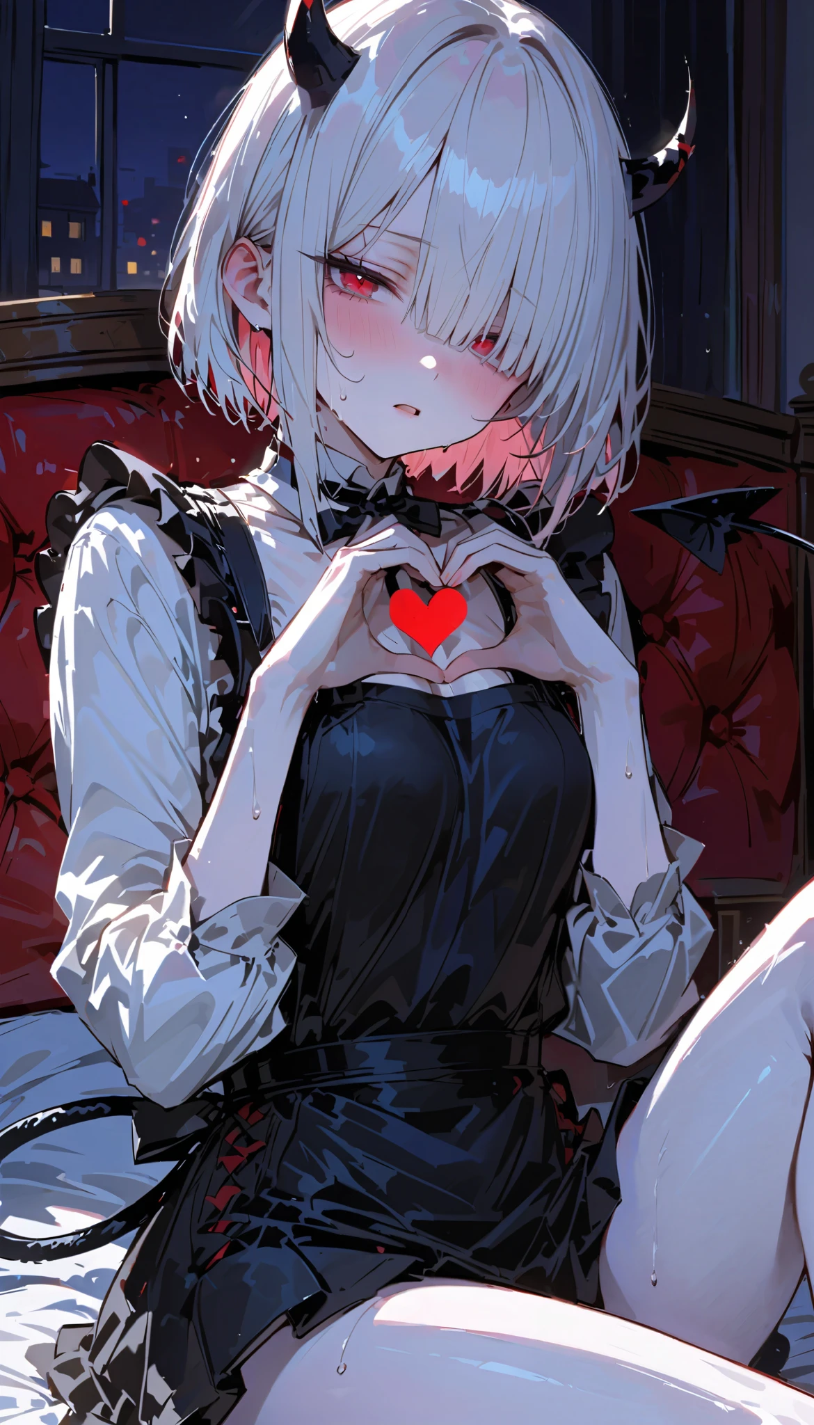 ( top quality), ( very detailed ), ( best picture ), (masterpiece), ( sharp focus :1.2), ( A gorgeous adult woman with a perfect body ), (158cm), Pinkish white skin , small head, ( has sharp red eyes , Half closed eyes , gaze to the left), Thin lips, (blone hair, pixie cut, hair over one eye, (blunt bangs: 2.0), ( has a short black devil tail with a heart-shaped tip.), (Little black devil's horn ), (wearing short victorian black mini skirt), (maid), (all black apron), Shameful face, Medium chest, blush, (A woman is sitting on a bed in a bedroom in a cute hotel.), slender, night, carry me, open the mouth. (Sweat flowing down the face :0.4), heart hands.
