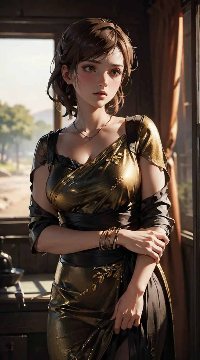 a 35 year old woman, beautiful and intelligent, managing a store, wearing practical work clothes without jewelry, short brown hair, medieval era, detailed face and eyes, photorealistic, 8k, high quality, realistic lighting, warm color tones, intricate details