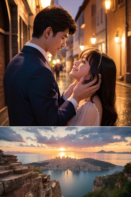 professional wedding photography, (Masterpiece), (intriciate detail), (photorealestic:1.3), (film grain:1.3), (perfect anatomia:1.3), epiCRealism, break, USA, at the Statue of Liberty, break, a romantic photoshoot of a handsome man and cute woman couple), wearing elegant outfits, {holding hands | kissing},