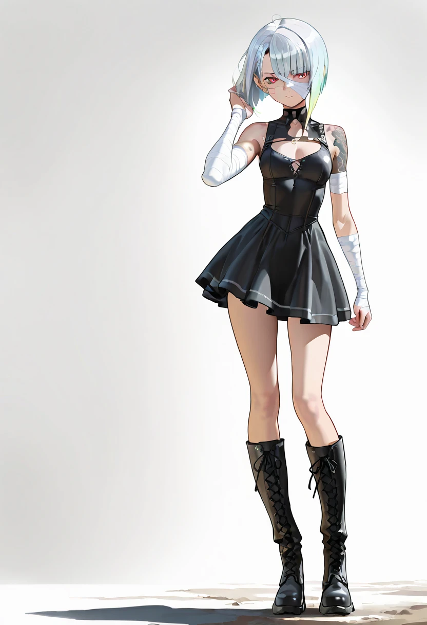 Barbie style CARTOON sexy intimidating look short white hair brown eyes white skin and a long sleeved gray dress,  and black boots 