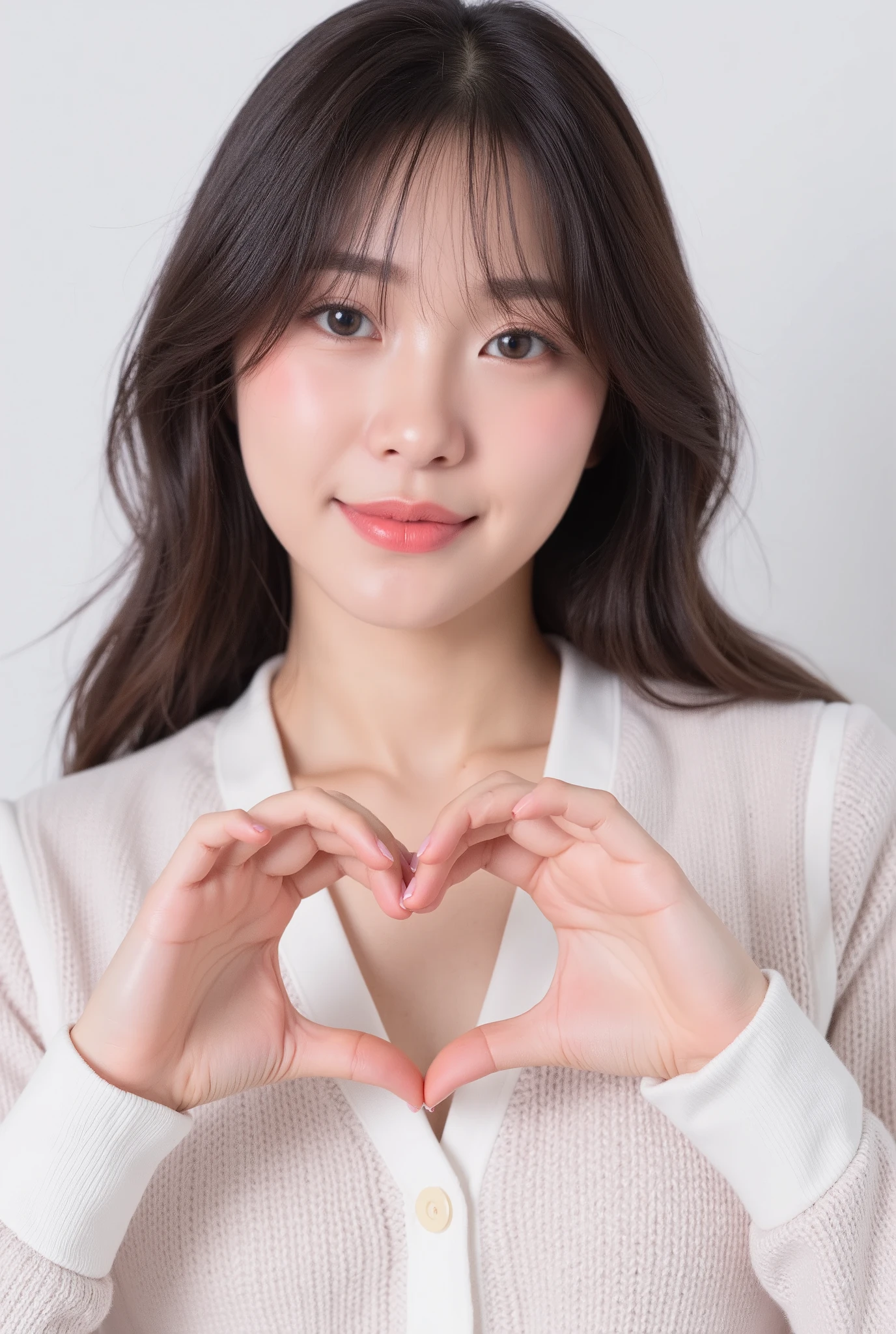 20 year old asian woman, Clear photos, inches, Shot in the studio, Half body, bright, smile, Hand made in the shape of a heart , Wear a fashionable shirt