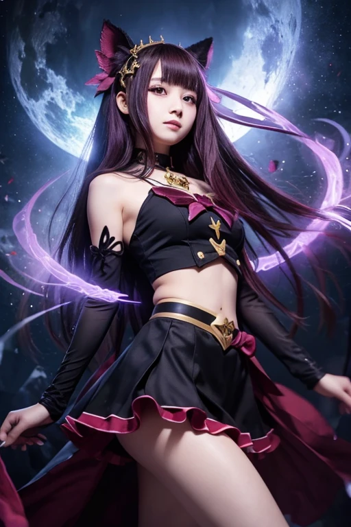 Long Purple hair, Vietnamese, beautiful 23 year old woman, very attractive, brown eyes, elf ears, very cute, thin athletic body, wearing modest American flag theme outfit watching fireworks, photoshoot