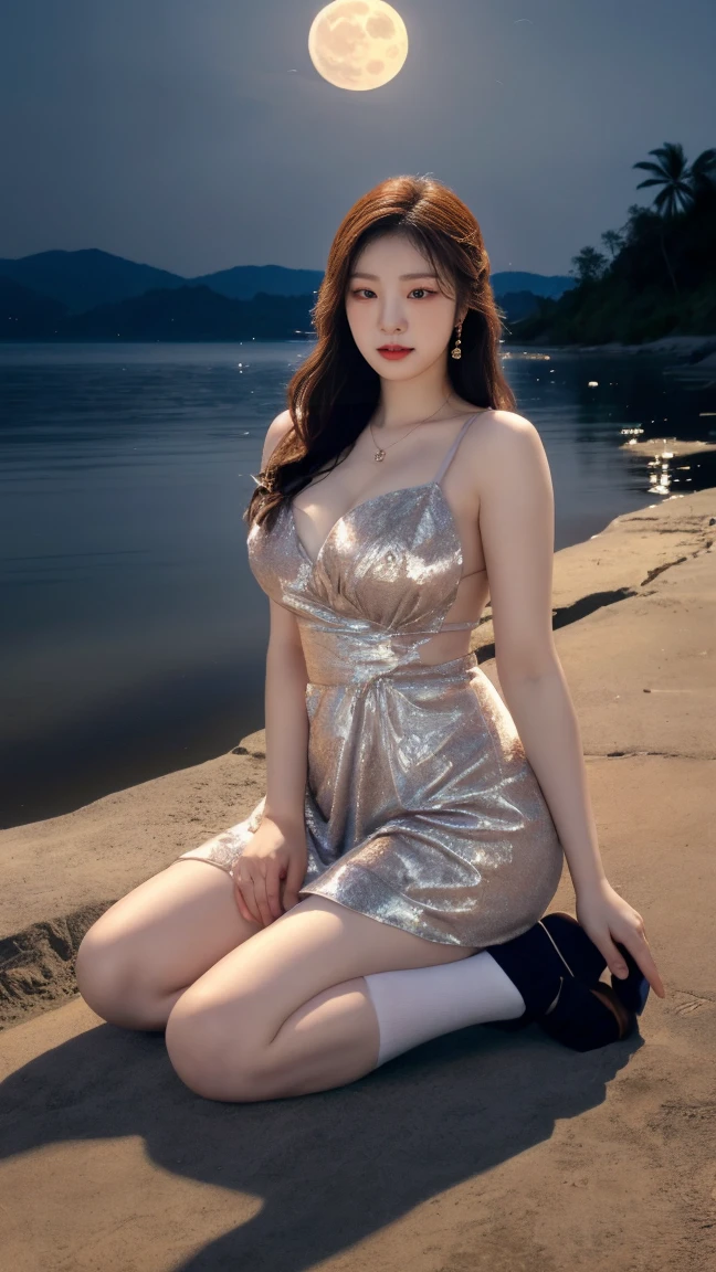 Looks high and cold,enchanting eyes,Lips slightly raised teasingly,Very tempting,The nose is quite upturned,Flowers and moon appearance,with fair skin,red tinted hair,girl in her early 20s,Full breasts,white thighhighs,Fingers neat,Wearing a pink dress,The skirt is made of jewelry and glitter,There are many thin sparkling beads,Wearing expensive jewelry and silver jewelry around the neck,Finger wearing emerald diamond ring,Female height 1.7m,Wearing purple crystal glass shoes,Western glass red wine glass in hand,Thighs exposed,Very sexy and alluring,Wearing a pink suspender dress。legs separated,The thighs are clear,Beautiful lines and texture。Finger lines are clear and textured,Lie down in the big hot spring bath with roses,The lower body is soaked in a large bathtub with roses。Finger lines need to appear softer,Skin needs to appear fairer,Body curves need to appear more graceful