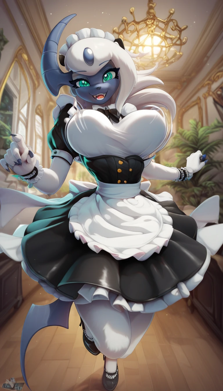 16k, HD, Professional, Highly Detailed, ((Masterpiece: 0.3)), (((High Quality))), Ultra-detailed face, Highly Detailed Lips, Detailed Eyes, full body, crow, inflatable, rubber face, diaper, maid dress, small breasts, beak, hands at sides