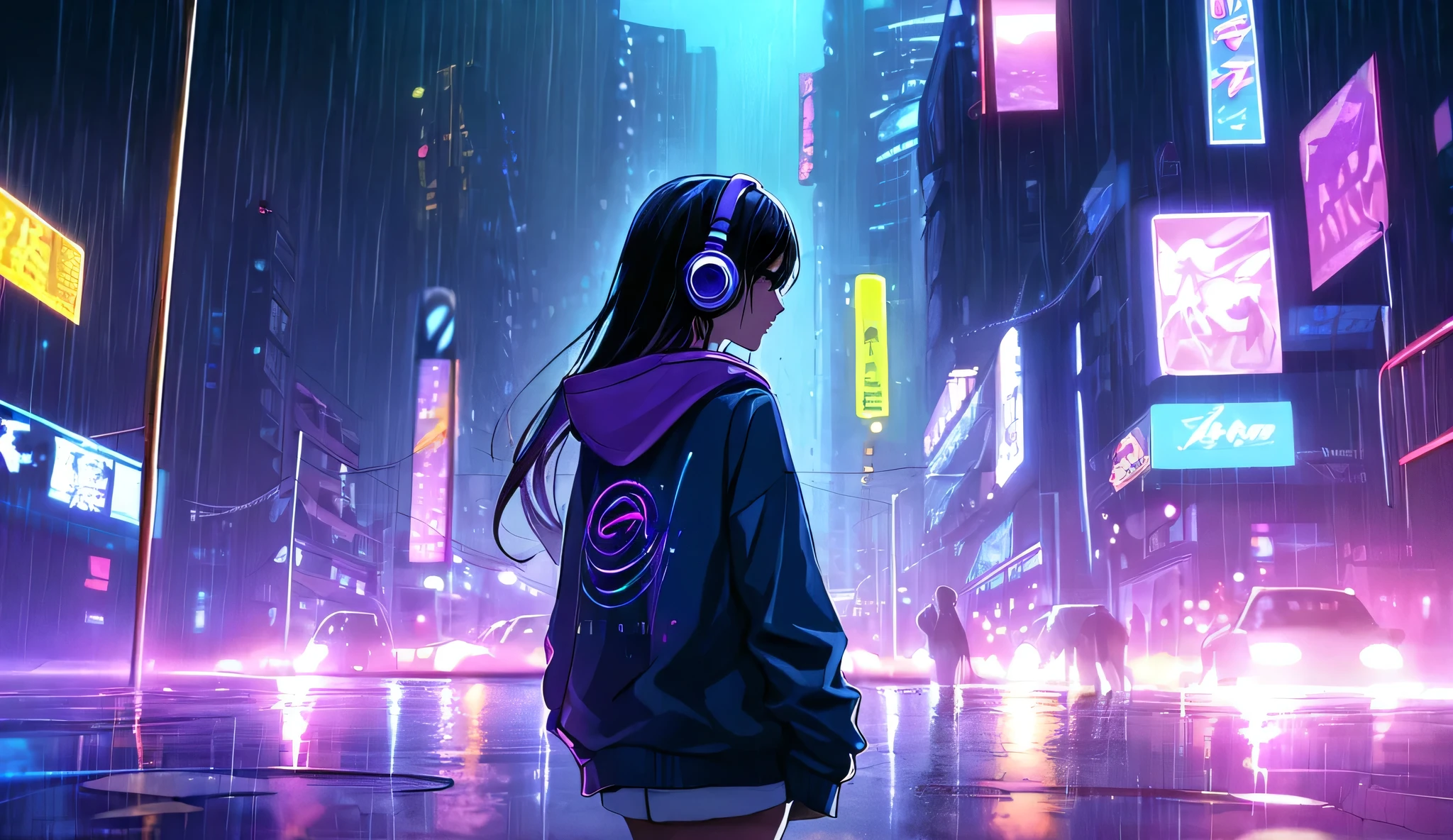 ((best quality)), ((masterpiece)), (detailed), A serene nighttime cityscape with neon lights reflecting on wet streets. A young woman with long hair stands with her back to the viewer, gazing at the glowing skyline. She wears a hoodie and headphones, lost in the music. The atmosphere is moody and melancholic, with a soft rain falling. Distant streetlights and blurred silhouettes of people walking add depth. The color palette consists of deep blues, purples, and soft pinks, enhancing the chill and emotional vibe.