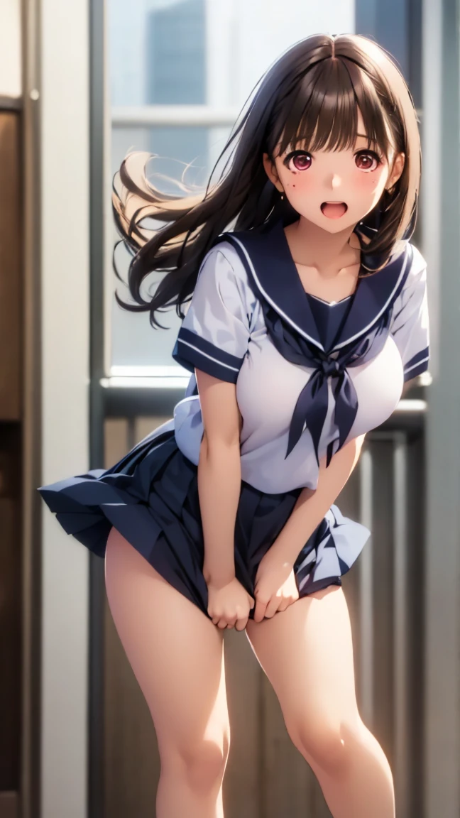 master piece,Best Quality,highest quality,Ultra-detailed,ultra high resolution,extremely detailed CG unity 8k wallpaper,Illustration,Detailed skin,Shiny skin,Realistic,Beautiful detailed eyes,Perfect Anatomy, gleaming skin,oily skin,1girl in,Solo,   

large pointy breast, school uniform, serafuku, pleated skirt, sailor collar, white shirt,schooltights,pumps,

(((crotch is visible,front-facing view))),(((wind lift skirt))),(((panchira))),
cameltoe,bulge,visible panties,elaborately intricate designed luxury and shine and brightly various color panties, moist panties are digging into crotch,skin dantation
,love juice,love juice stain,see-through pubic hair,slip pubic hair,
close to viewer,

anguished,screaming,open mouth,tear up,,embarrassed         , in abandoned house,faint light,messy room,many garbage bags,trash,stains on wall ,
vignetting,(((close to viewer))),nsfw,