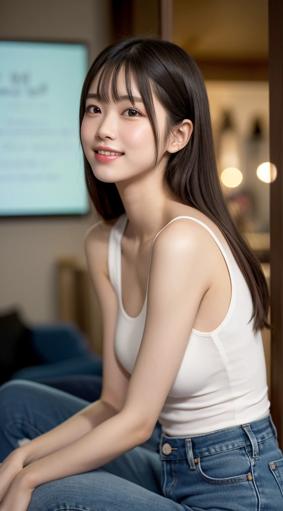 highest quality、Realistic、female、zoom、Orange Eyes、Long straight black hair、Plain white tank top、Rolling up his sleevelender、Flat Chest、Dark Skin、smile、Bust Shot、