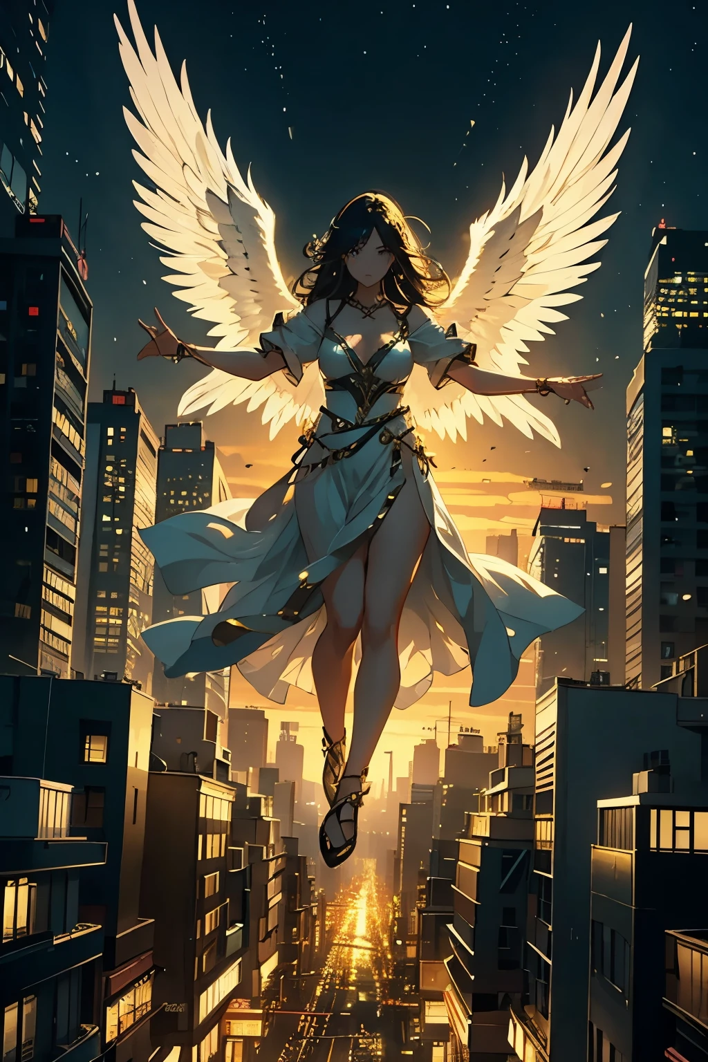 The image depicts a female angel floating above a city at night.。. The city lights shine golden、Create a dramatic atmosphere, Its delicate presence and black feathers contrast with the urban environment.。. Women seem protective and cautious.
