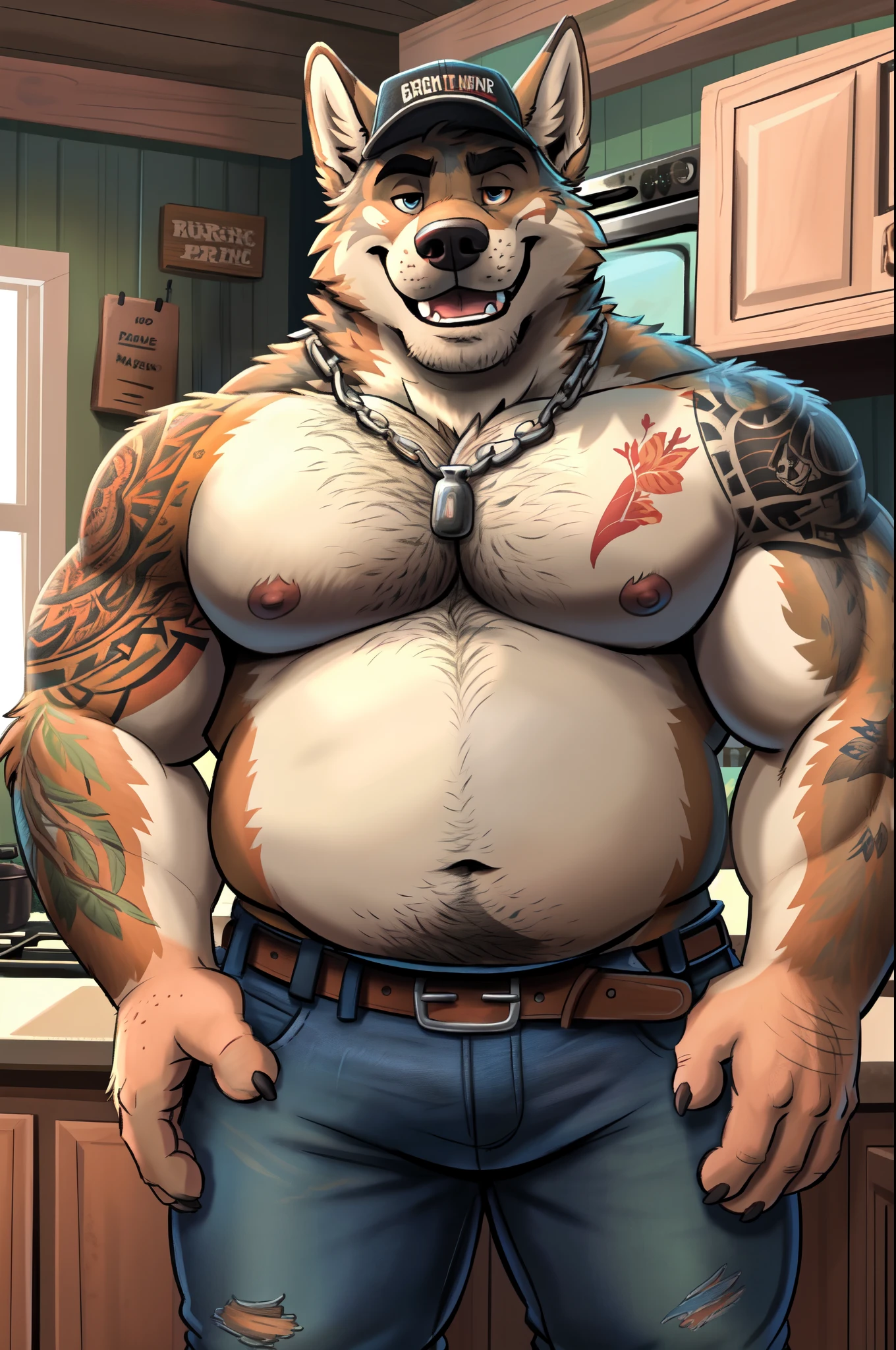 highest res,coyote,anthro,4 fingers,best most realistic detailed accurate blurred background,male aged in early 40's,musclegut,musclegut anthro,musclegut male,tail,standing in kitchen of best most realistic detailed accurate trashy mobile home in rural florida,solo,by dramamine,by nanoff,by minedoo,by dream_and_nightmare,by horrorbuns,best slightly fluffy most detailed multi tone coyote fur,full body view,best most realistic detailed coyote fur pattern colors and markings,best toughest manliest masculine sexiest most seductive face,best dynamic toughest manliest masculine sexiest most seductive pose,frontal view,fully front facing view,american,floridan,southern,redneck,trashy,rural,scruffy,best average height fattest chubbiest sexiest stocky thickest widest buff tattooed pudgiest muscular body,tattooed dad bod,daddy,dilf,open mouth,showing teeth,best most detailed open eyes,best most detailed smallest dark pupils,best most detailed medium sized nipples nipple tips and areolas,summer,nude male,best quality,masterpiece,perked up ears,slightly hairy tattooed body,facing viewer looking directly at viewer,smiling at viewer,textless,indoors,closeup,best most detailed coyote teeth,wearing best most detailed most accurate toughest manliest masculine plain very old dirty worn out jeans with best most detailed belt and redneck belt buckle,best belly overhang,best most detailed longest happy trail,most accurate most detailed trashy southern redneck tattoos on body,best most detailed huge roundest tattooed pecs and moobs,best most detailed slightly big roundest tattooed belly,best most realistic body proportions,toughest manliest most masculine bara male,headwear,wearing best most detailed old worn out toughest manliest masculine most accurate redneck trucker cap,hdr,8k,most detailed deep navel,wearing best most detailed most accurate toughest manliest masculine most accurate silver chain necklace,best most detailed short body hair,an14,best anatomy,best ergonomics,e621,