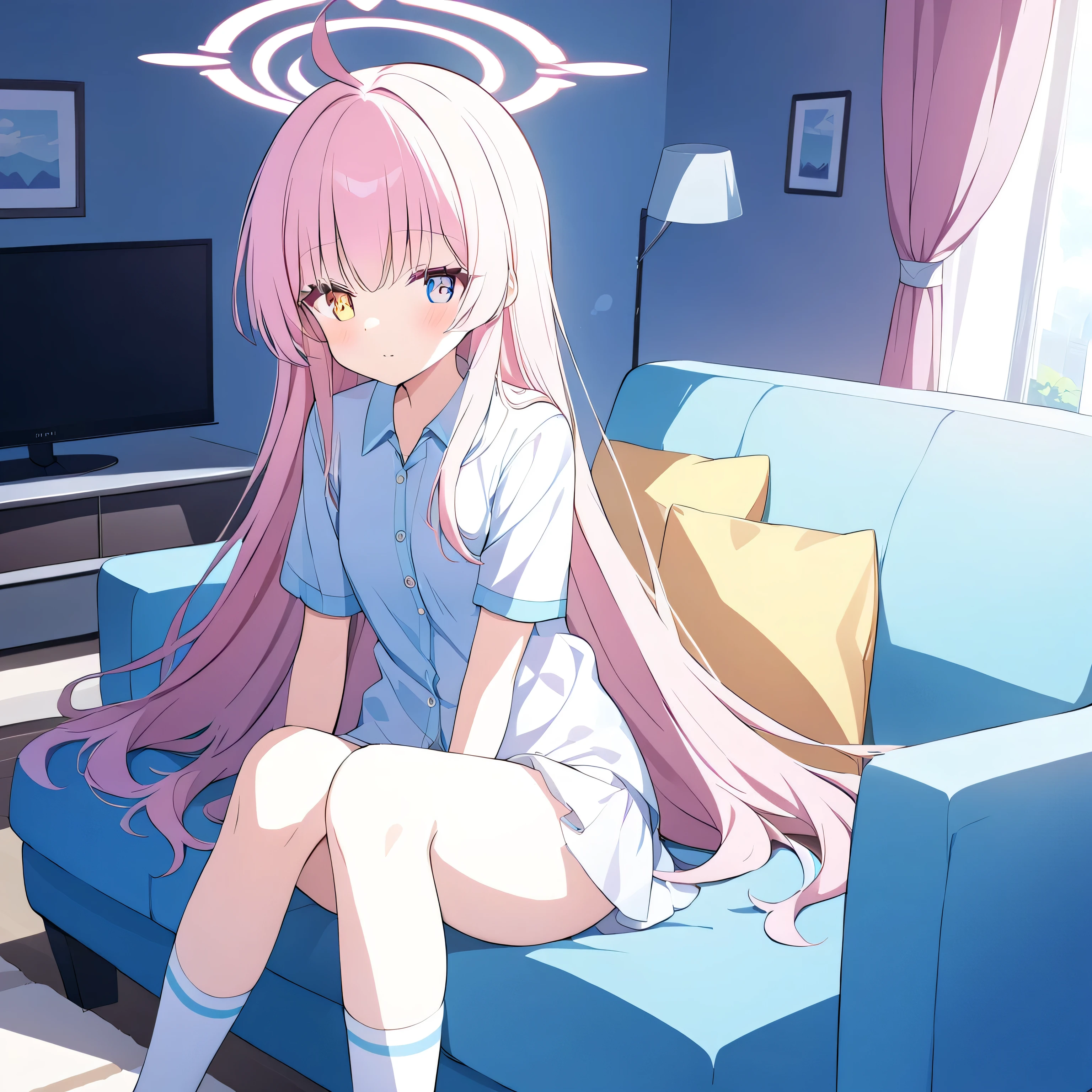 Only one girl ，Pink Hair,   long hair,  （ different colored eyes :1.5), (  medium chest :1.2)，Golden right eye，blue left eye
white socks，stocking，Long socks ，Show your knees， White Panties，underwear，belly button，The skin on the legs reveals ，Those who only wear pajamas，rest，  Seto Fuku,Low-cut，While looking at the audience,lie， lie着，living room，sofa，television，coffee table，table，lie在sofa上，Halo on the head，
 ( masterpiece:1.2),   Best Quality  ,    high resolution  ,   unity 8k wallpaper , (illustration:0.8), ( beautiful and detailed eyes :1.6),   are extremely detailed ,   perfect lighting  ,   extremely detailed CG  , (perfect hands),