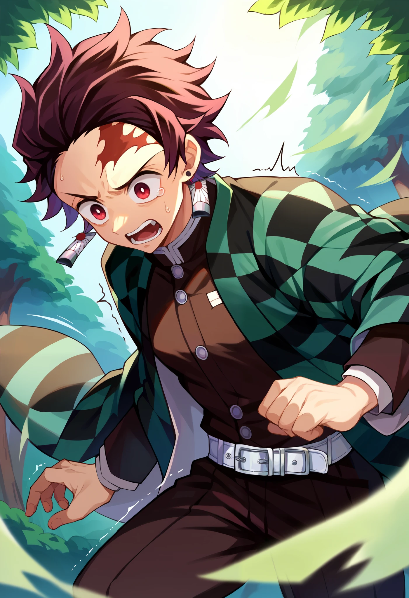 score_9, score_8_up, score_7_up, 1boy, solo, tanj1rokamad0, scar on forehead, short hair, brown hair, red eyes, demon slayer uniform, japanese clothes, checkered clothes, haori, black jacket, long sleeves, black pants, white belt, shaking, earrings, scared, shocked, running,, cowboy shot, forest, looking down, (small breasts),