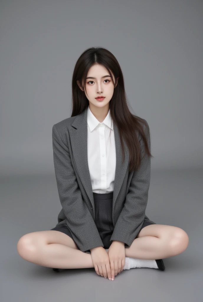 Ultra-detailed、High resolution、Transcendental beauty Highest quality、masterpiece、Dark blue high socks MIX real、(Raw photo:1.2)、(Photorealistic:1.4)、The beauty of beautiful details Delicate expression、((Panties are visible))(Squatting panchira)Earrings、Eyelashes、Sparkling eyes、Glossy Lips、Beautiful and fine details、Large file size、、 ((school uniform, White shirt, Black Skirt, Unbuttoned shirt、Checked skirt、I'm not wearing shoes、Navy Socks))、Extremely detailed representation、In detail、Highly detailed facial cinematic lighting、18-year-old girl、Positive、((Dynamic Pose)))、(Open Stance))、(Skirt from bottom to top:1.5), Pleated skirt、blazer、Sexy upward glance, (Spread your legs and show me your panties:1.5), (Light blue panties:1.5), (Black long hair:1.5), (Wet panties and see through:1.0), (Healthy Body:1.5)