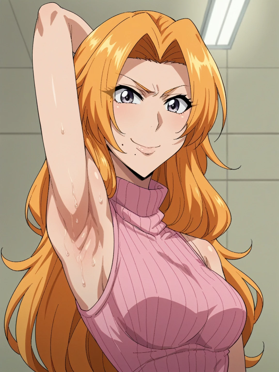 score_9, score_8_up, score_7_up, source_anime, anime screencap, 1girl, solo, rangiku matsumoto, long hair, grey eyes, orange hair, mole, mole under mouth, parted bangs, bare shoulders, bare arms, arm behind head, armpit, looking at viewer, head towards viewer, smile, badhandv4, indoors, closed mouth, pink sweater, sleeveless sweater, ribbed sweater, turtleneck, from side, from below, sweaty armpit