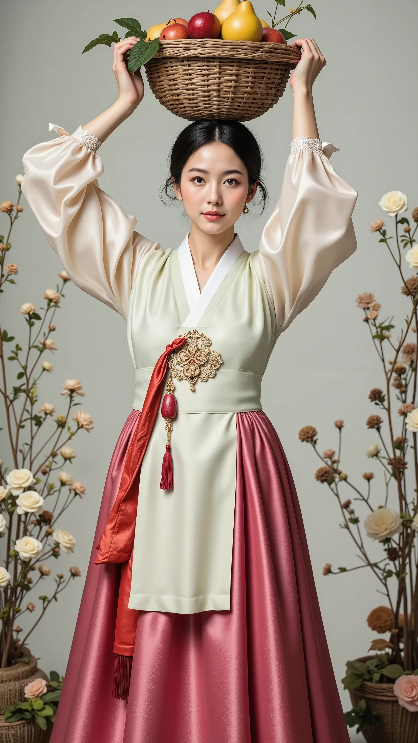 Korean traditional hanbok, a woman balancing a fruit basket on her head, elegant poses, full-body portraits, neutral backgrounds, muted colors, vintage photography styles, cultural costumes, elegant posture, simple woven baskets, apples and pears, dried flowers, long flowing skirts, layered clothes, calm lighting, sepia tones, artistic composition, balanced composition