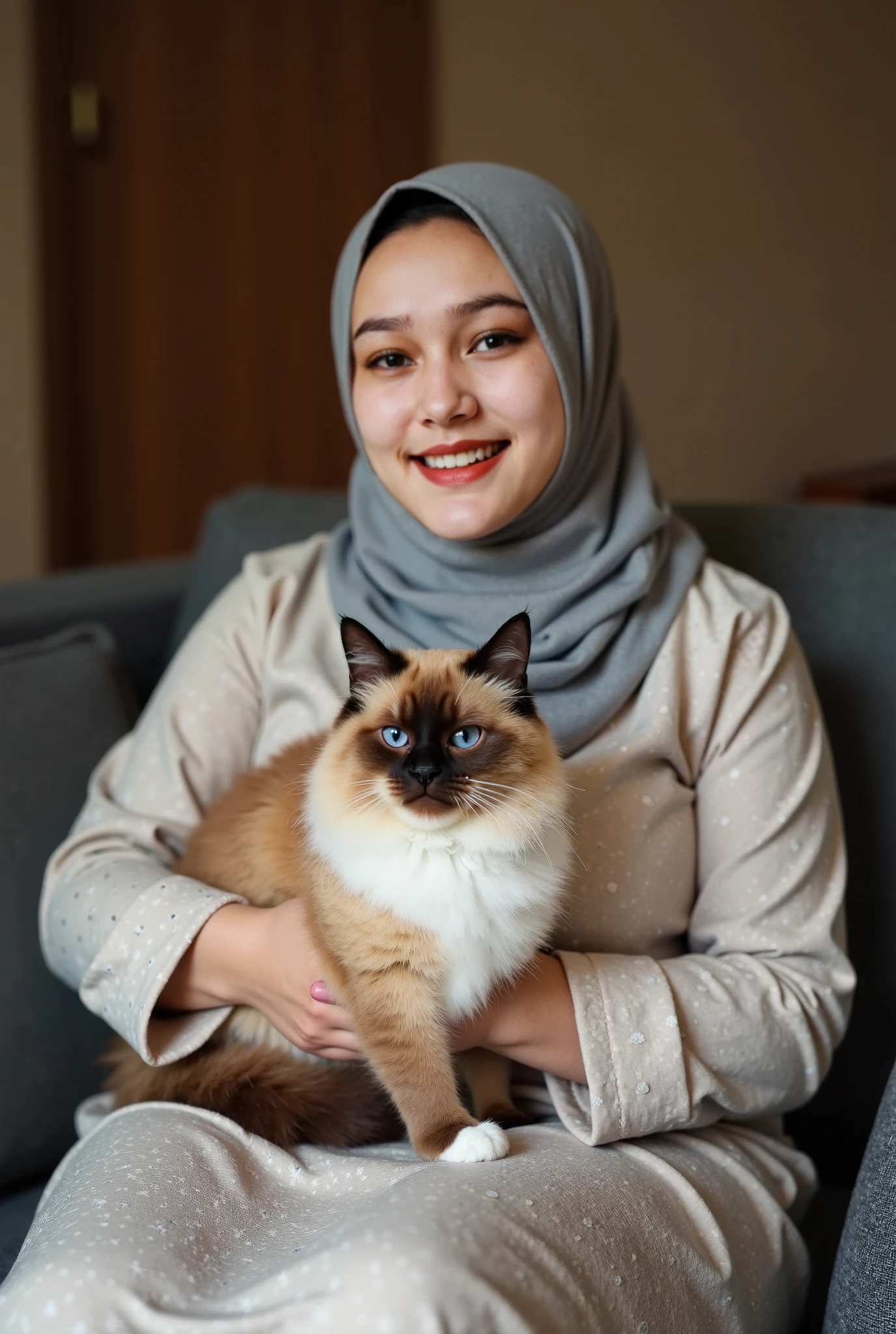 RAW, Best quality, high resolution, Masterpiece: 1.3), Beautiful Malay woman in hijab, Masterpiece, sitting, Perfect slim body,Beautiful big eyes, Watery eyes, Soft smile, Wet lips, Big breasts, Design touching scene, Malay woman interacting with her favorite pet cat which is very large, a white Angora cat with long fur and very large size, the size of the cat is bigger than a beautiful Malay woman with a petite body, wearing a small blouse with a pastel colored flower pattern, wearing a hijap, a very long hijap, . petite petite body, pot belly, small waist, slim, wide hips, thick thighs, big breasts, showing the bond between them and sitting in a comfortable home atmosphere, bright lighting, happy, 8k, high quality, beam lighting