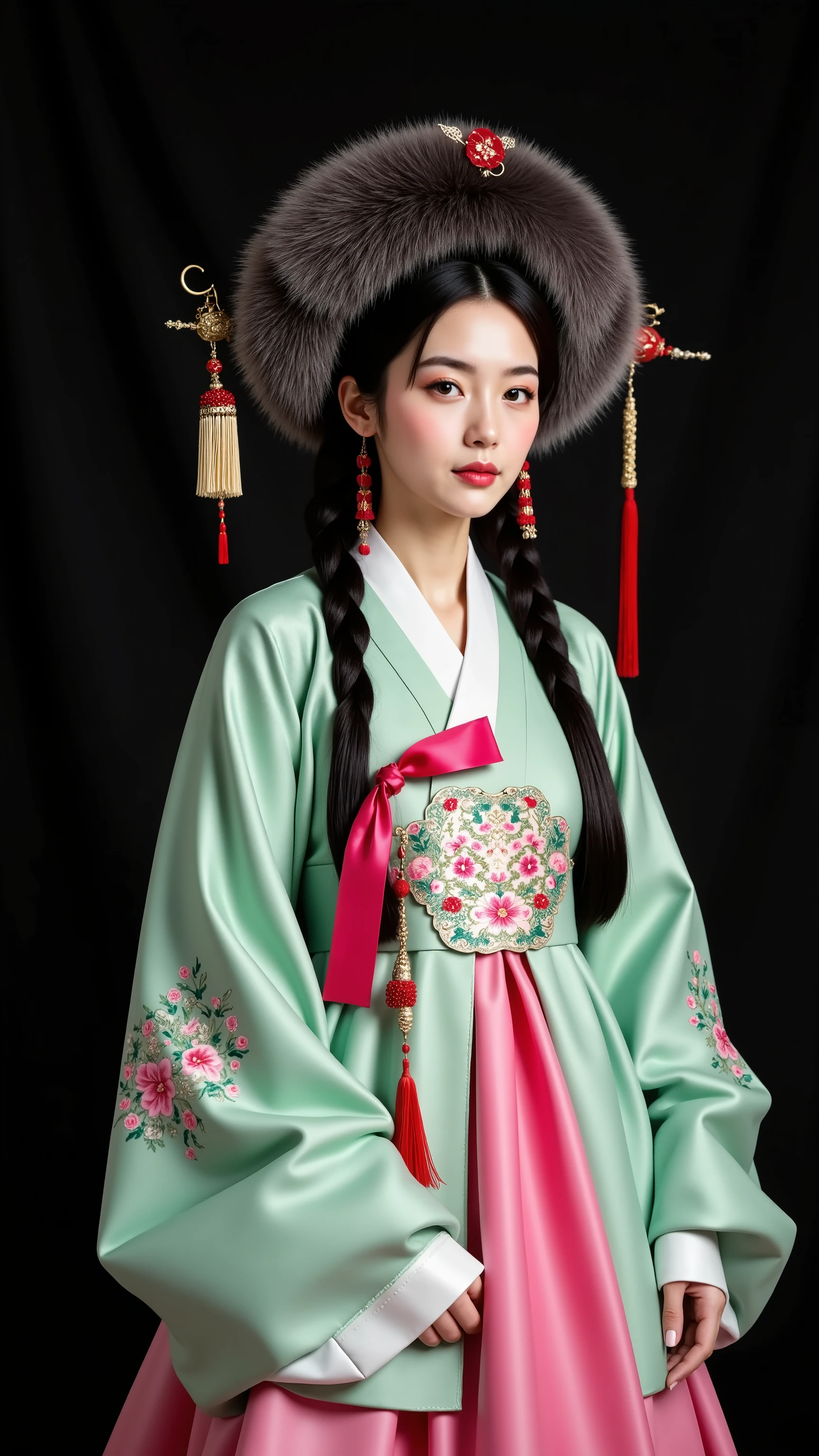 Korean traditional hairstyle, Korean traditional hanbok, women, pink and green gowns, furry hats with red decorations, black backgrounds, studio portraits, fashion photographs, cultural costumes, elegant poses, soft lighting, detailed fabric texture, contrast, serious expression