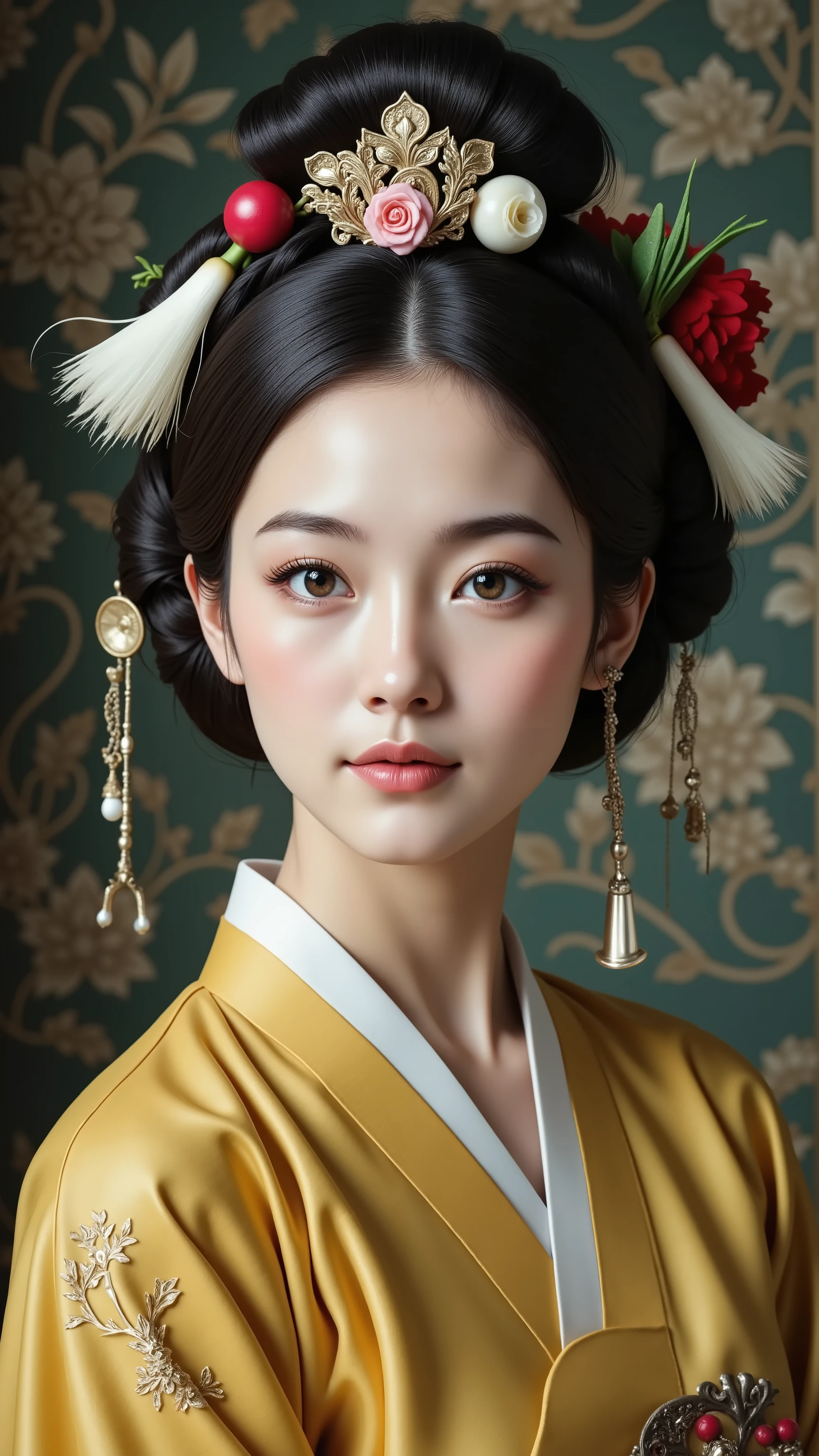 Korean traditional hairstyles, chives, traditional Korean hanbok, traditional fancy hairstyles, surreal hair decorations, tools and household items, mustard-colored yellow clothing, black bands, pale skin, calm expressions, dark colors, textured backgrounds, Vermeer-like lighting.