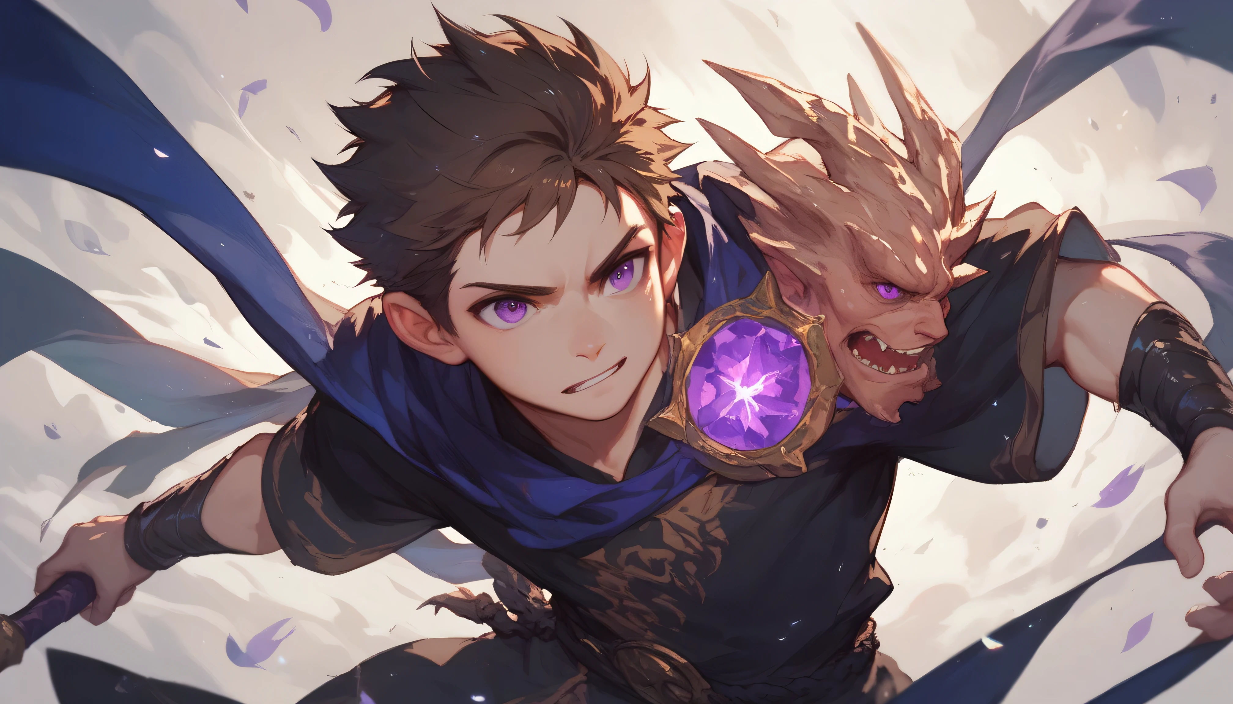 an 18yr young boy, shoulder length brown hair and purple eyes,powers of various weapons, wearing a black robe facing,attack on monster stone