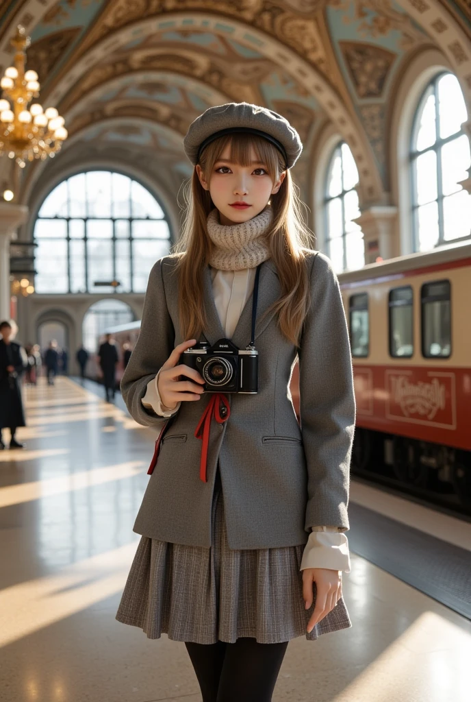 ultra-realistic, photorealistic, dramatic scene, shadow, global-illumination, solo, (age Japanese famous idol girl), very beautiful fragile Japanese girl, very beautiful with very cute but boyish cool face, (very large breasts), slim waist, (wearing a gray colored Japanese high school cute uniform of white shirt with blazer and skirt), (red ribbon), (She is wearing dark navy tights), (very large breasts), wearing loafers, a girl is standing with a Leica M3 hanging around her neck, in the red square in Moscow, amazing view of St. Basil's Cathedral over the vast cobblestone pavement