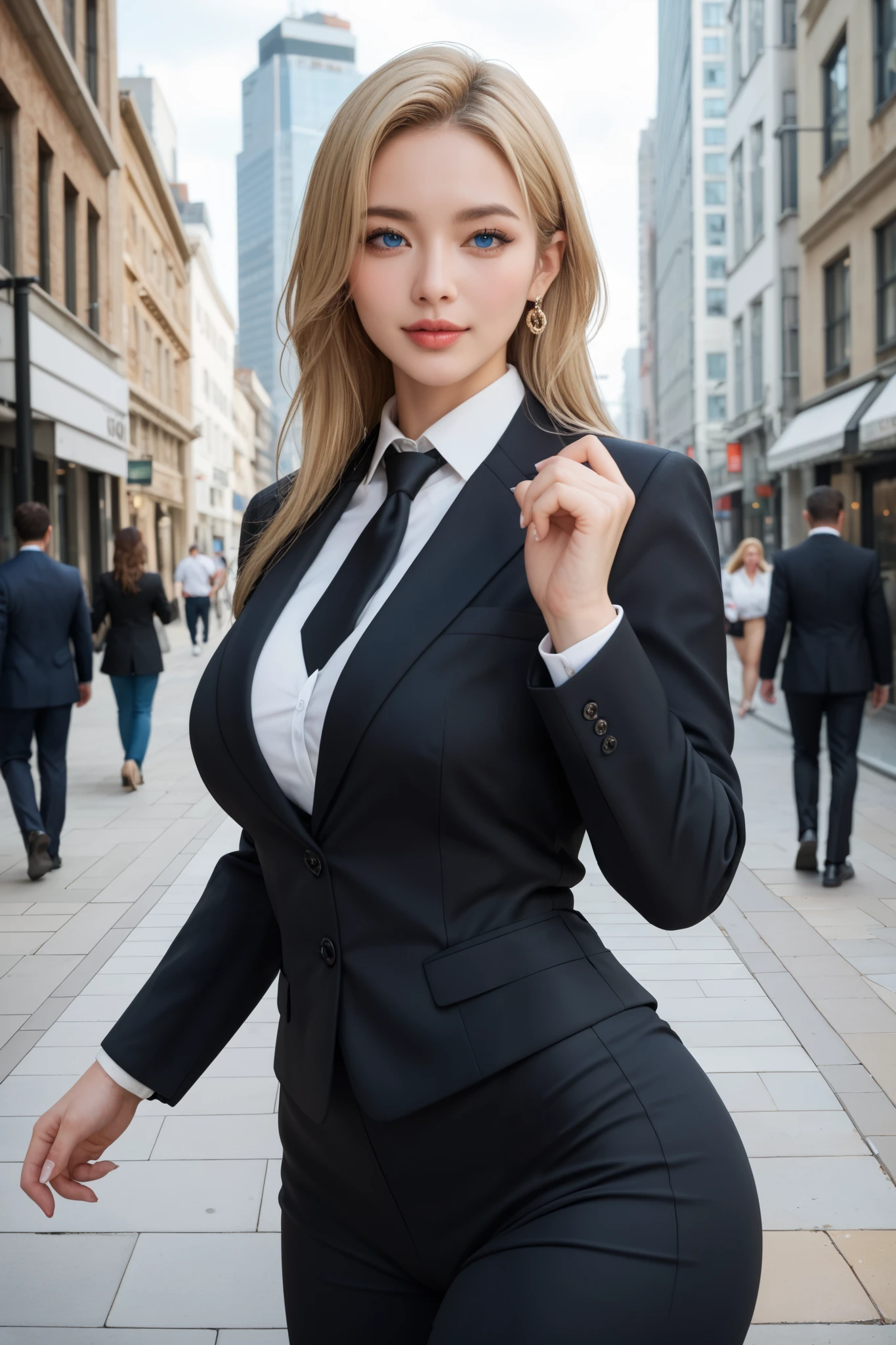 Platinum blonde with midnight blue highlights hair, black and beige business pant suit, c cup breast, city background