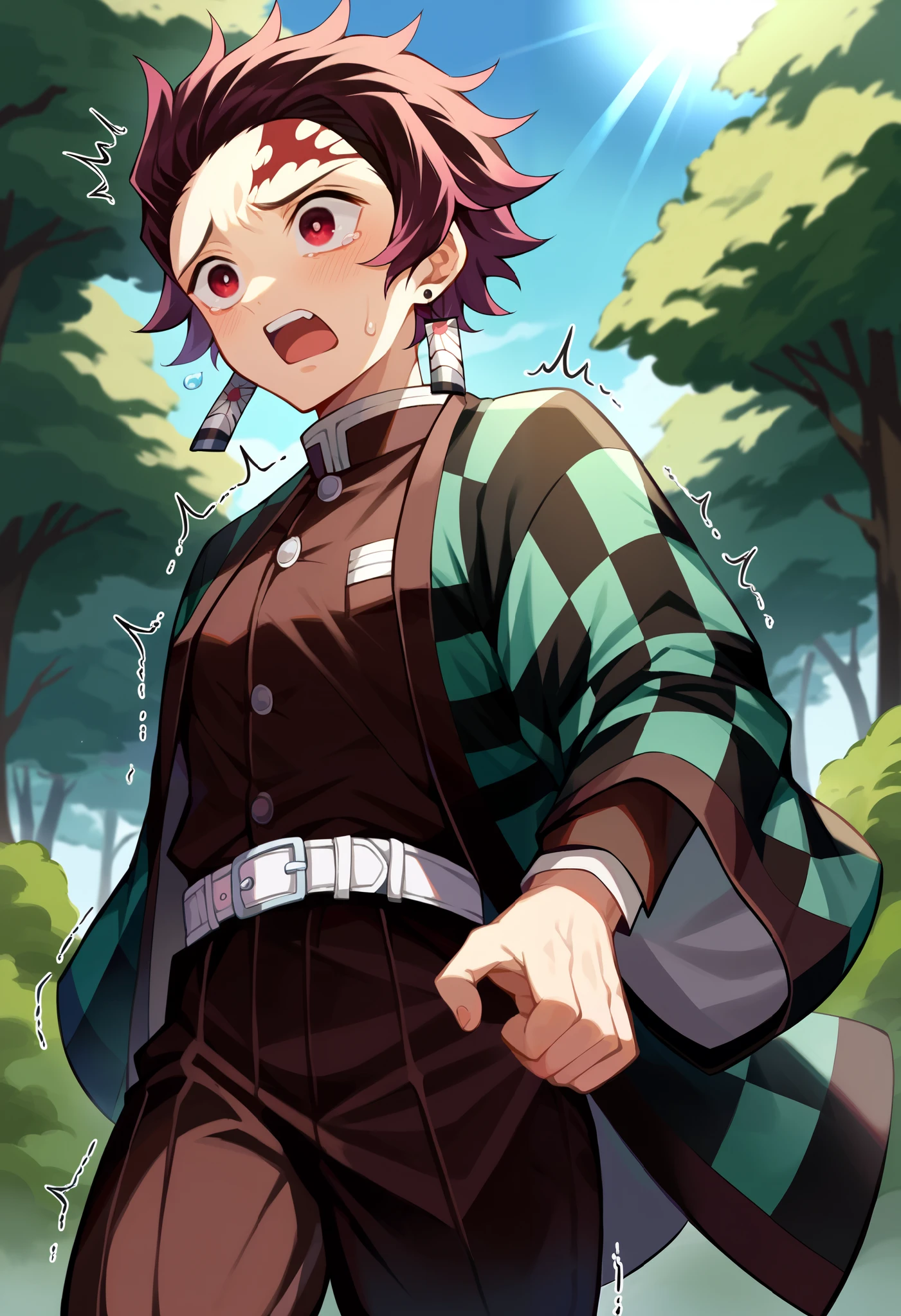 score_9, score_8_up, score_7_up, 1boy, solo, androgynous, tanj1rokamad0, scar on forehead, short hair, brown hair, red eyes, demon slayer uniform, japanese clothes, checkered clothes, haori, black jacket, long sleeves, black pants, white belt, shaking, earrings, scared, shocked, running,, cowboy shot, forest, looking down, (small breasts), 