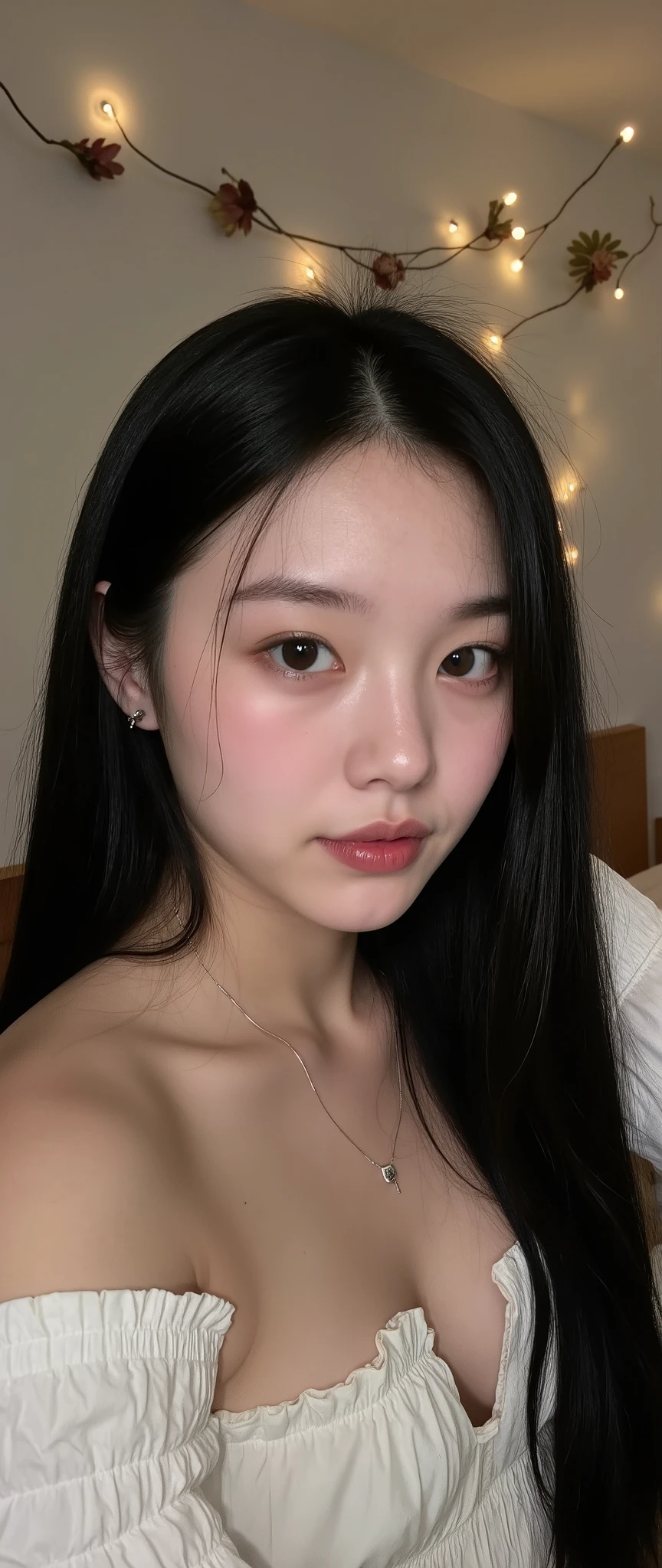 yung, 3 garotas, 3 irmas, selfie, s, korean, idol, magro , olhos puxados, olhos grandes, franja separada do lado direito , youthful appearance , light black hair , detalhes eyes, pupil , iris, smiling, grin, Rounded face, youthful appearance , sentada na beira da bed, nudes , vintage aesthetics ,cute face, full lips, long hair, volumoso hair, luz media, luz Environment, schedule :night , reflexos no Environment, Environment focado, looking, Environment:Room, bed, being, objects, leds, olhos revirados, possuida, with text: "nokes369"