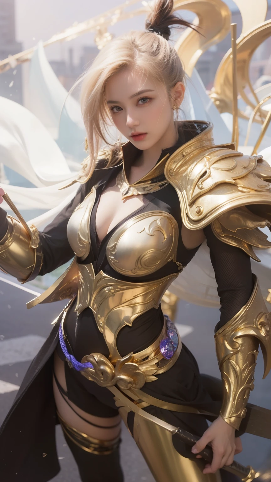 ((World of Darkness)),Professional , masterpiece、top-quality、photos realistic , depth of fields 、(((With a magic wand of gems))),(Dragon White Metal Body:1.9),(latexsilver-blue、(cleavage of the breast)(Fight dragons)、、(((Particles of light))),(Micro Bikini Armor:1.7),Gorgeous gold weapons ,(Fight dragons)、Seductive look、(blood splattere、((((With a magic wand))), ) , (((Wearing a black latex wizard hat))),(demonic wings) ,((a blond))、(Castle background)、((Gangle's forest background))、Beautiful Caucasian beauty、1a person、dynamic ungle,(((Detailed and ornate dragon wizard hat)))、Smaller head、A smile、Castle background、Thin and beautiful female hands、cleavage of the breast、Soldier in iron armor on background、Mystical expression、Light Effects、intense fighting、Wind-effect、magic circles、With the legendary magic wand、Dragon's tail、explosions、Toostock、Toostock、