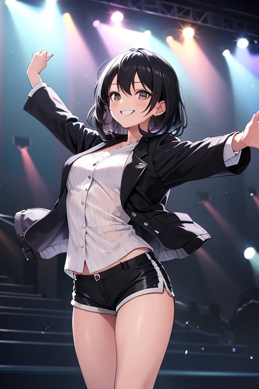 This is a picture of a girl singing on stage while looking at her fans., masterpiece, 8k, Highly detailed concert background, Highly detailed crowded fan scenario, anime Idol, Idol, Black Hair, Sharp eyes, Sharp Face, Black Shirt, Black Skirt, fully raise one leg,、Place the other foot on the floor, One arm pointing towards the fans、With his other arm he is holding the microphone to his mouth, Open your mouth, Bare your fangs, smile, Blushing