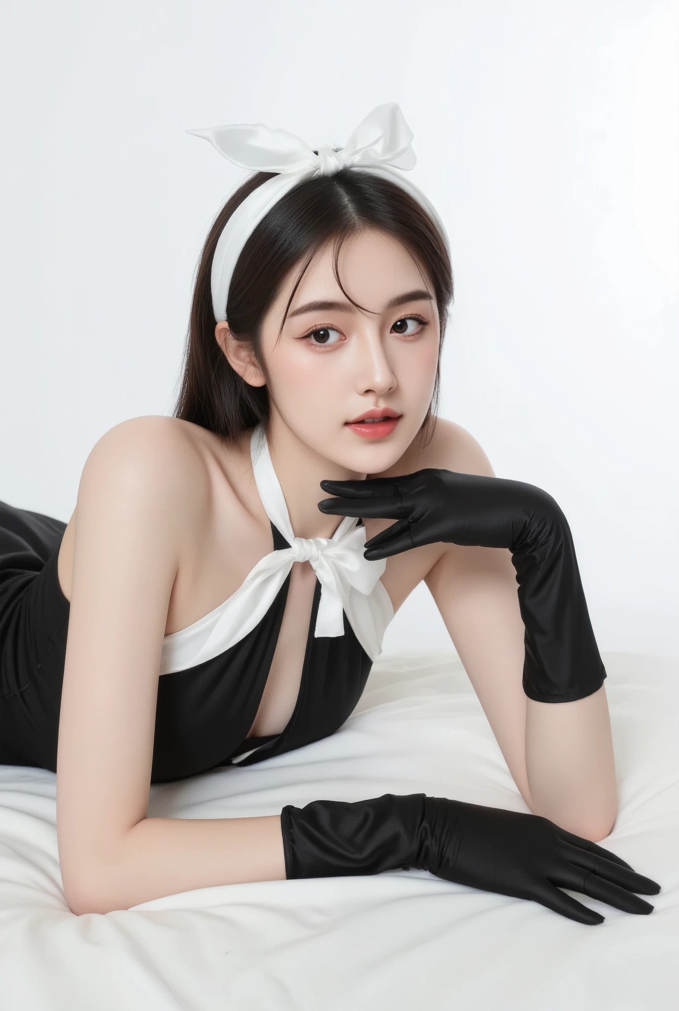 /imagine prompt: A high-fashion portrait of a stylish woman in a black-and-white outfit, lying elegantly with one arm resting forward. She wears a black halter dress with a white bow detail, black satin gloves, and a chic white headband tied into a bow. Her sleek black hair is styled in a half-up, half-down look, framing her delicate face. She has striking almond-shaped eyes, subtle winged eyeliner, and soft matte lips. The background is pure white, creating a classic monochrome aesthetic. The lighting is soft and diffused, casting elegant shadows. High-fashion editorial, cinematic lighting, photorealistic, ultra-HD, Vogue-style photography --ar 2:3 --v 6.0