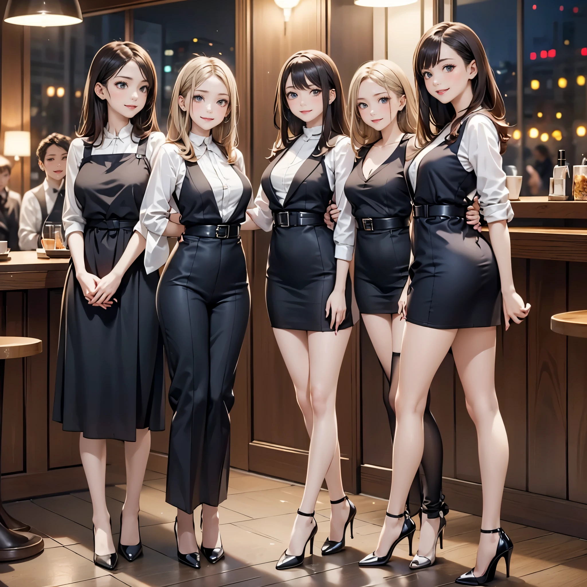 (masterpiece:1.3),(best quality, highest quality),((Full Body Shot,Including face)),girls,4K,masterpiece,((Focus on the face)),((Symmetrical facial features)),Beautiful woman,(slender),((High heels)),Detailed depiction of the face, Cafe ,bar,Maid clothes,skirt,Age 25,(smirk),