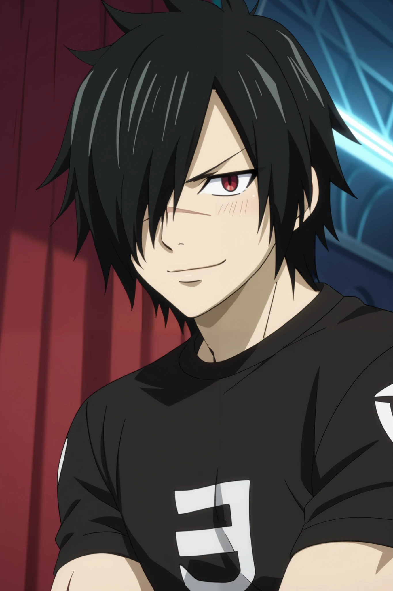 score_9, score_8_up, score_7_up, source_anime, rating_safe, intricate details, anime screencap, 1boy, solo, male focus, rogue_cheney, black hair, red eyes, hair over one eye, scar, tattoo, happy, cute boy expression, closed-mouth smile, relaxed eyebrows, blush, official style, with soft shadows, soft blue lighting highlighting his features, high-quality anime details, vivid colors, in a single bedroom, wearing a black T-shirt and black boxer shorts.