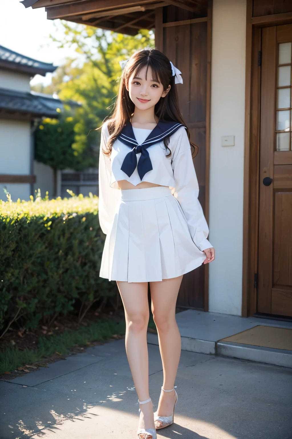 Perfect composition, Proper placement, Golden Ratio, masterpiece, best quality, high definition , one Girl, Cute (Girl:(li:1.5), full body focus, full body shot, view the viewer, smiling, standing, Wearing a Japanese High School Sailor Suit:1.331, Winter Long sleeve uniform , Blue ribbon, Anatomically Correct Ratio :1.331, has a small head :1.331, Curvy body:0.9, thin waist:1.331, Thin limbs:1.331, big breasts, Brown Hair, wavy long hair, bare legs, white pin high heels, Winter evening, Sunny, outdoor, House Front, old blurry photos, Faded photos , Light and Shadow, Movie Lighting,
