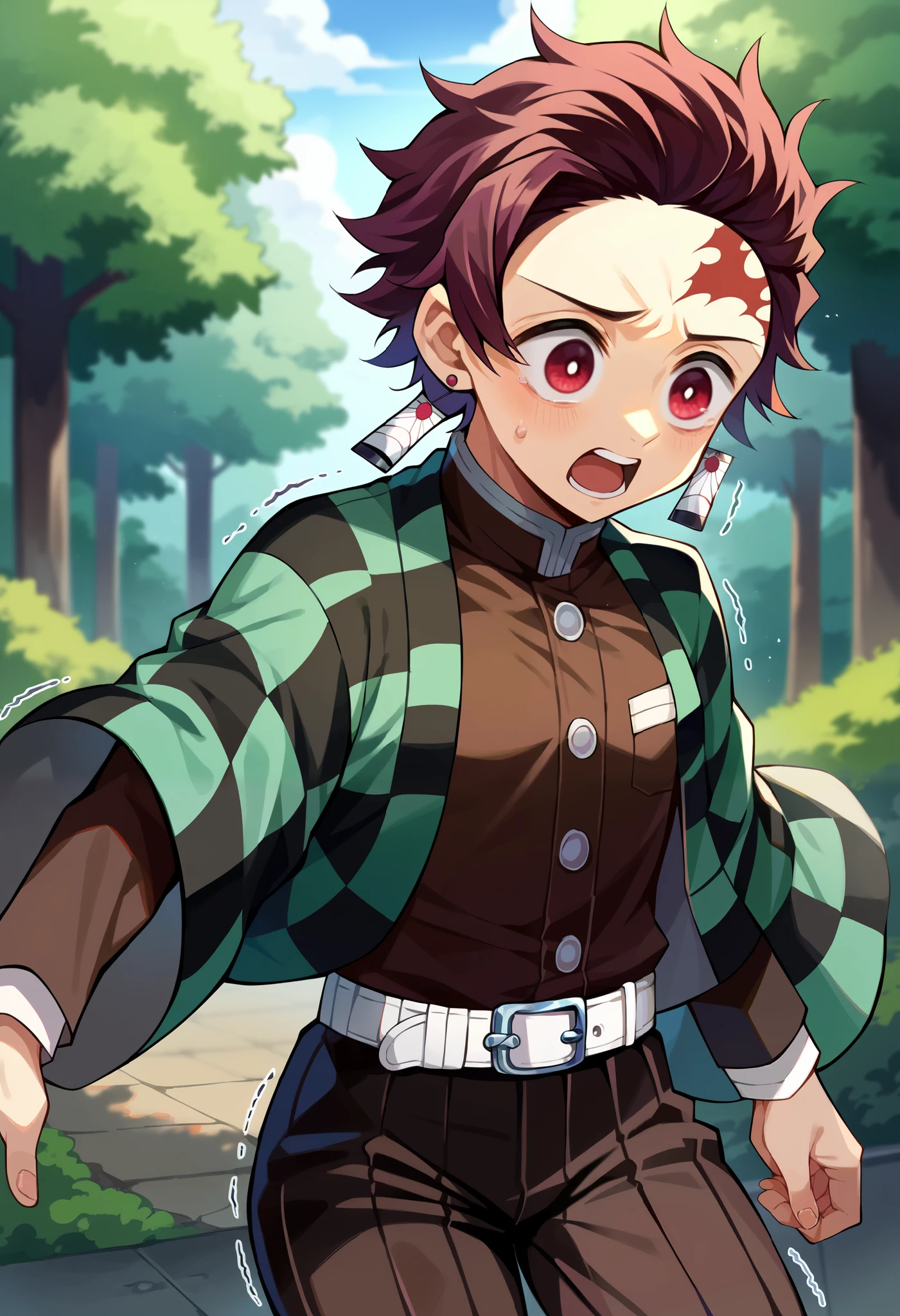 score_9, score_8_up, score_7_up, 1boy, solo, androgynous, tanj1rokamad0, scar on forehead, short hair, brown hair, red eyes, demon slayer uniform, japanese clothes, checkered clothes, haori, black jacket, long sleeves, black pants, white belt, shaking, earrings, scared, shocked, running,, cowboy shot, forest, looking down, (small breasts),