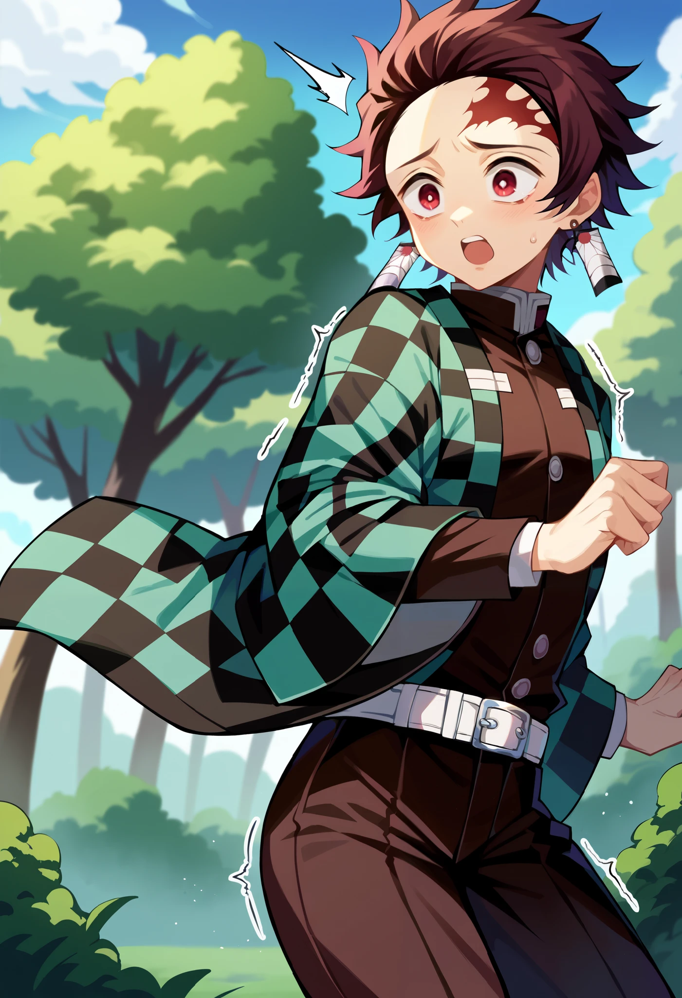 score_9, score_8_up, score_7_up, 1boy, solo, androgynous, tanj1rokamad0, scar on forehead, short hair, brown hair, red eyes, demon slayer uniform, japanese clothes, checkered clothes, haori, black jacket, long sleeves, black pants, white belt, shaking, earrings, scared, shocked, running,, cowboy shot, forest, looking down, (small breasts),