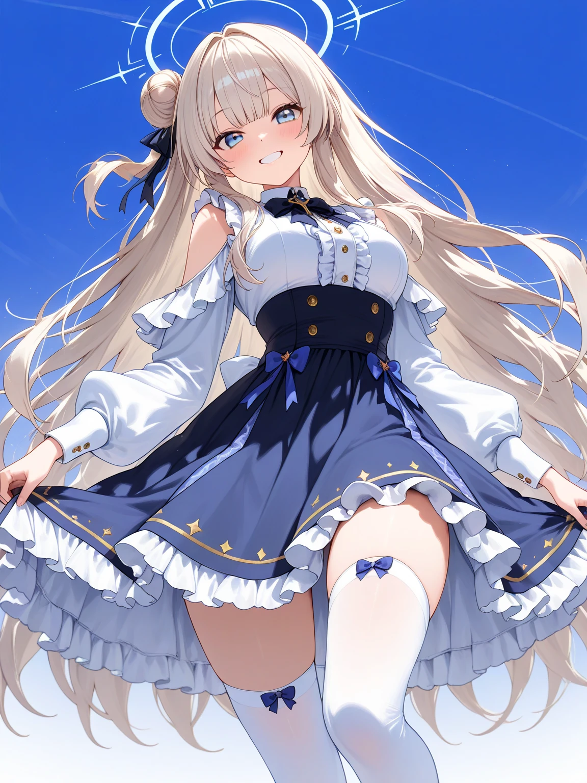 ultra detailed game CG, (High resolution:1.1),(absurderes:1.1), Best Quality, Ultra high definition, The highest resolution, Very detailed, Anime, 1girl in, Blonde hair, Blue eyes, White blouses, (White panty:1.1), Blue Ribbon, corsets, under the boobs, thighs thighs thighs thighs, Medieval European Streets, Wind