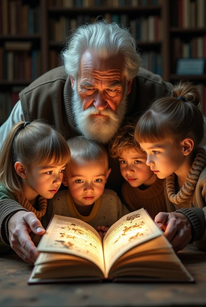 Now that old man tells the story to some children who are amazed.