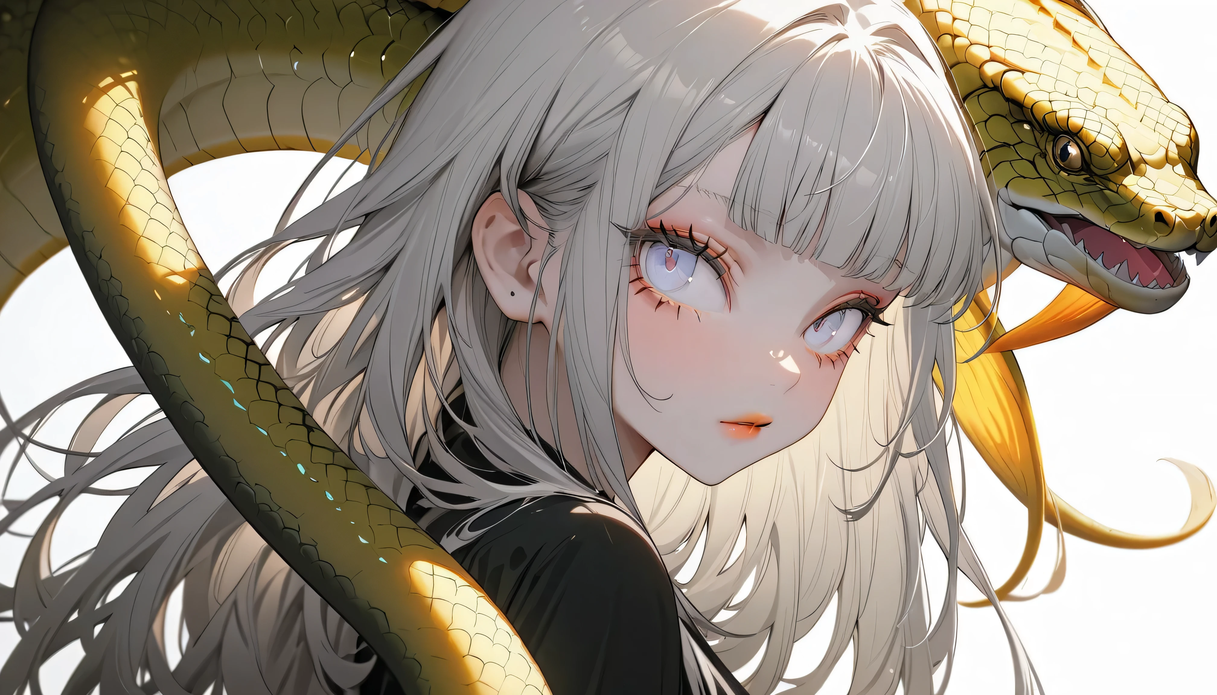 (Best Quality,Very detailed,High resolution:1.2),Albino beautiful girl，Heavy bangs，Long eyelashes，Cool look，Anaconda on shoulder，