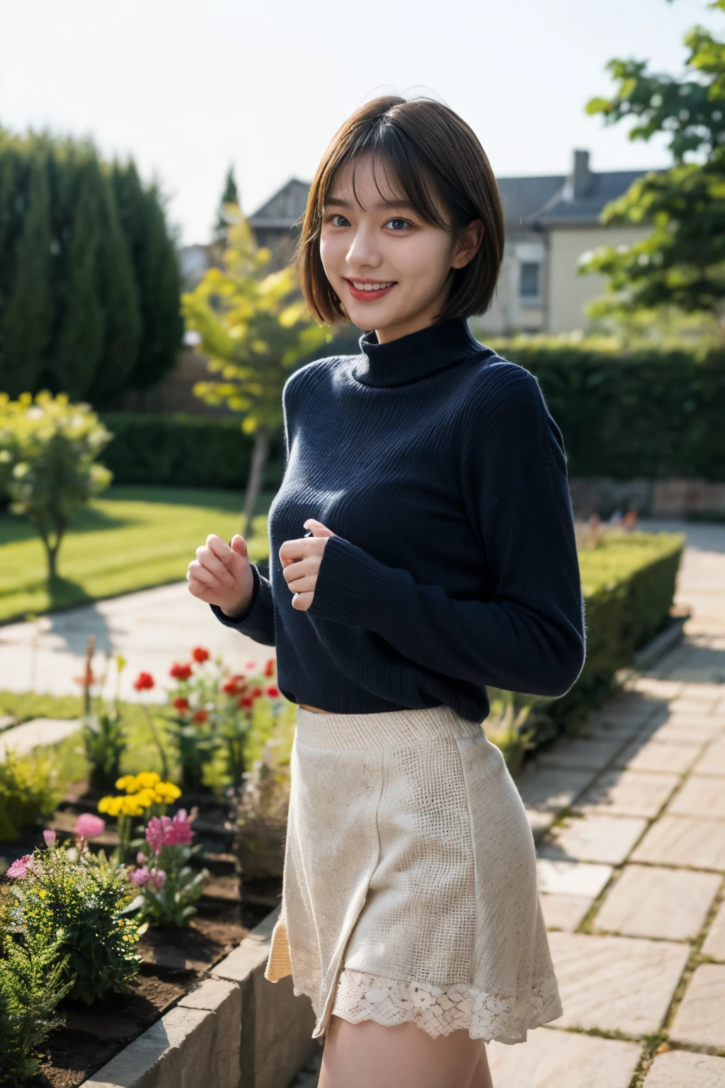 (masterpiece:1.2, Best Quality),,Anatomically perfect、 simple background、Winter clothes、20yo、garden、smile、bangs,small breasts,shortcut hair、 My skirt flips up due to strong winds、lace panties