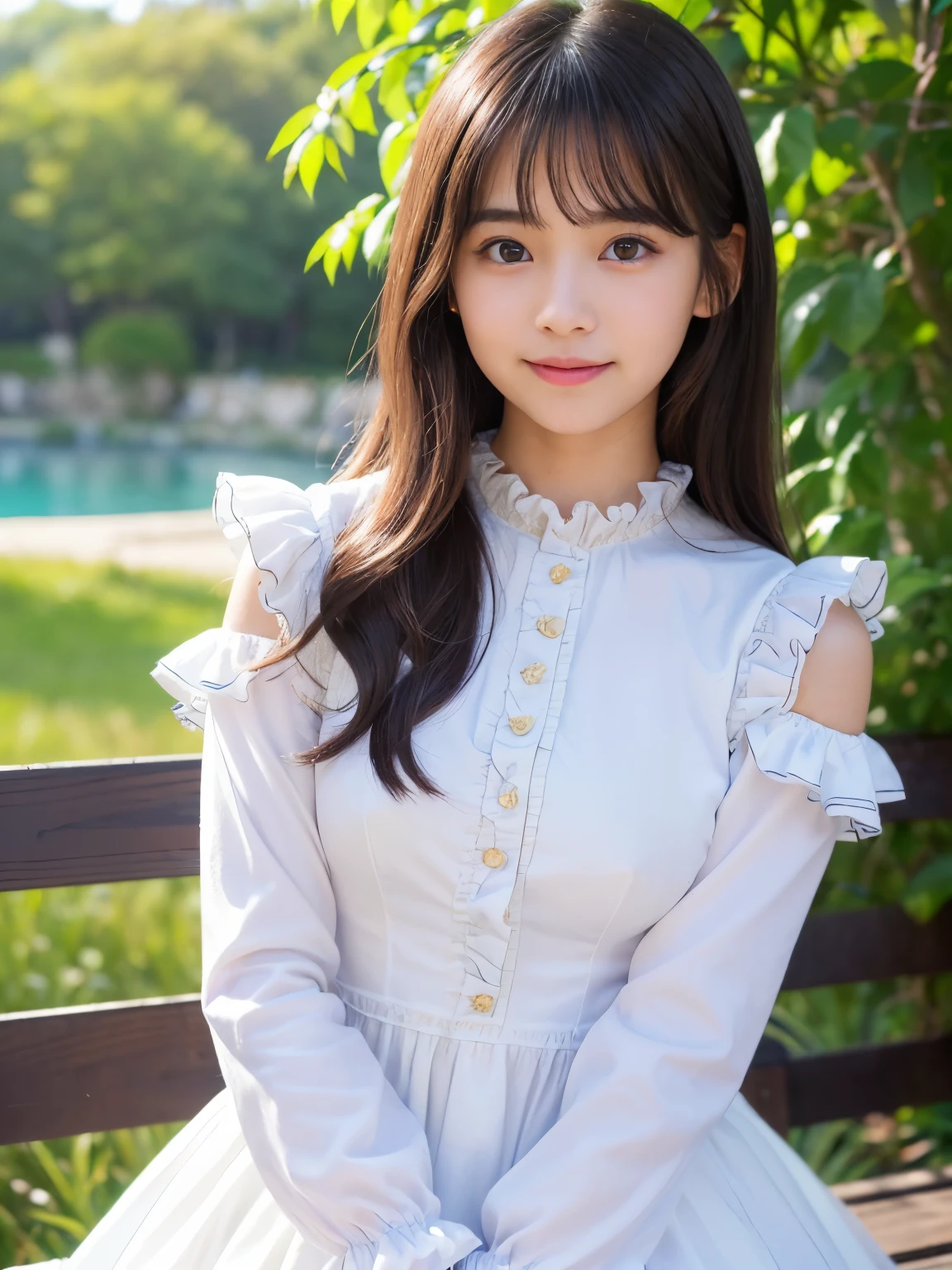 ((Light garden porch background)), (lo-fi), (soft focus), high quality, masterpiece, high definition, high definition, high resolution, 4K, ultra high definition, ultra high definition, ultra realistic shadows, ultra realistic, dramatic lighting, one girl, solo, detailed face, realistic eyes, realistic skin, dynamic hair, dynamic pose, dynamic angle, white flower dress, white background, ulzzang-6500-v1.1, (raw photo: 1.2), (photorealistic: 1.4), beautiful detailed girl, highly detailed eyes and face, beautiful detailed eyes, ridiculous, incredibly ridiculous, huge file size, super detail, high resolution, very detail, highest quality, (bright indoors), (soft light), (low contrast), (shallow depth of field), ( Portrait of a beautiful woman illuminated by gentle light), (very delicate and elegant depiction), (short length bangs), (hair color is dark chestnut with a slight brown tone), (hair with subtle gentle waves), (small braid intricately woven on the sides of long hair), (decorated with thin ribbons), (white blouse with small ruffles), (bow tie), (blue long skirt), ( White short ankle socks), illustration, very detailed, CG, unification, 8k wallpaper, amazing, fine detail, best quality, highly detailed CG unified 8k wallpaper, face light, movie lighting, 1 girl, , (((without panties)), (dynamic pose))), (camel toe), (half), (bent knees and legs sitting))