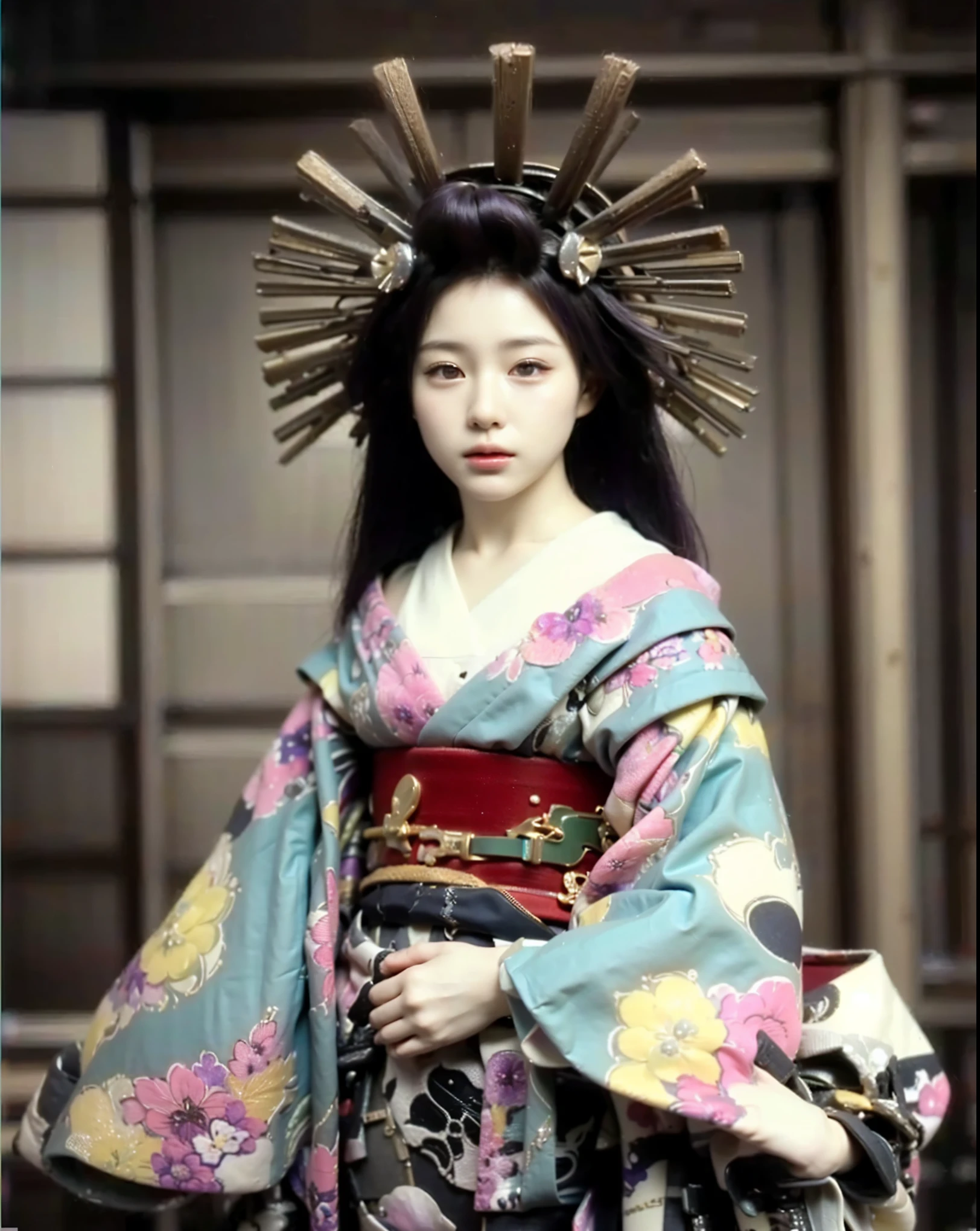 (Completely live action:1.37), (Amazingly realistic textures:1.37), (masterpiece, best quality:1.2), (8k uhd, 16k, 32k, ultra high res), amazingly realistic skin, amazingly realistic photo, superrealism, (photorealistic:1.37), (RAW photo), ultimately realistic, (ultimately realistic all details), (ultimately realistic all textures), super realistic lighting, super realistic shadow, (japanese girl:1.5), ((young face)), smiling, happy, super realistic face, ultimately realistic skin, ultimately realistic eyes, (mascara:1.35)ultimately realistic background, ultimately realistic detail up, kkw-ph1, ((drooping eyes, cyberpunk-style cyborg girl, amazingly intricate details, Anatomically perfect hands, mechanical body, silver knight armor, ultra glossy texture, purple hair))