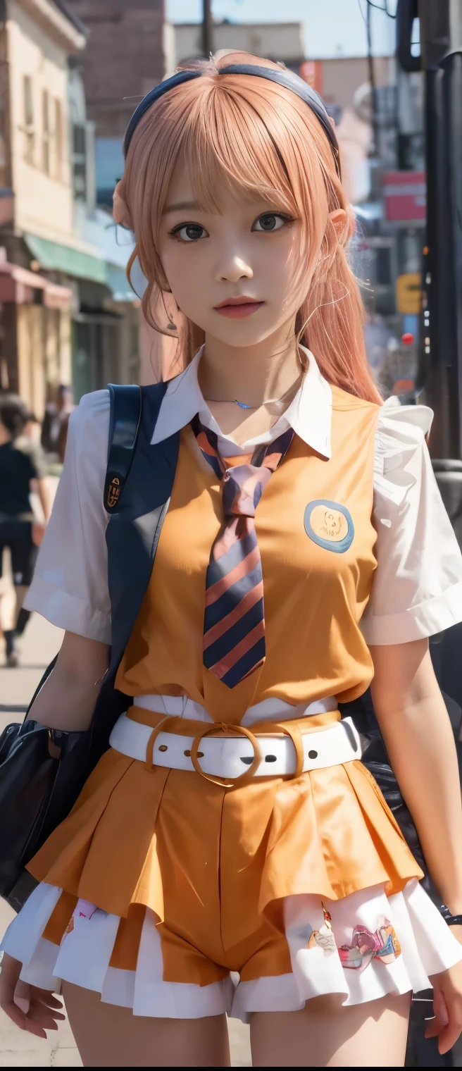 Fancy Idol Girl 、A pure girl's face、 hypo、orange shirt with tie、 White Tight Shorts 、Skeleton Belt、、Glowing Punk Town