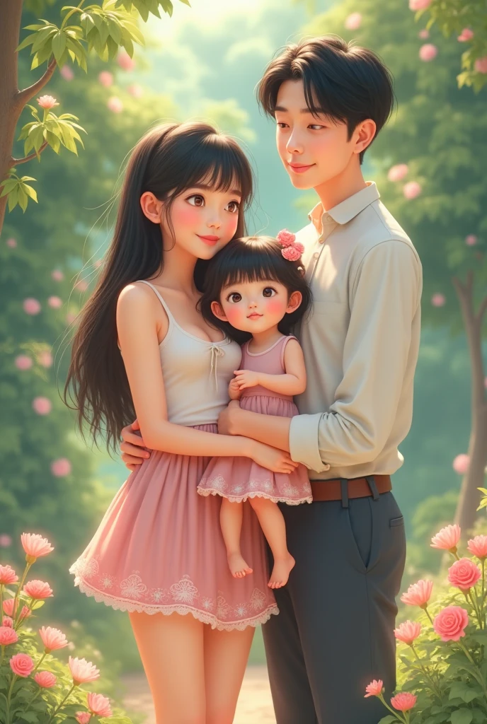 Setting is a baby room, bobo is a half-year-old baby girl, wearing pink dress, black hair :: Setting contains father and bobo, they are gazing at each other :: Atmosphere is serene springtime morning, charming details :: colored pencil, izumi matsumoto style, CGsociety, Dreamworks Pictures, --v 4 --aspect 5:7 --q 2 --uplight