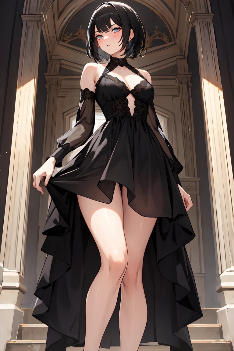 (full body:1.5), beautiful detailed background, , best quality, masterpiece, ,masterpiece, best quality, young girl in a lavish dress, the dress is green-black and rumored, lifts the dress, the beginning of her panties can be seen, flower barrette in her hair, red lips, blue eyeliner, reddened cheeks, shy look, hands behind her back, beautiful cleavage, high heels