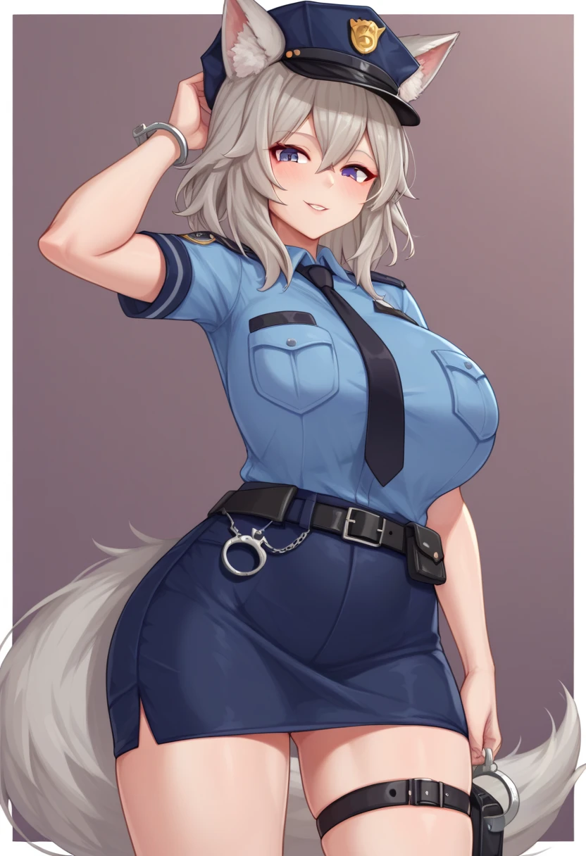 Dark-skinned woman police officer,with white hair and cat ears,showing the nipples of her big breasts,masturbating
