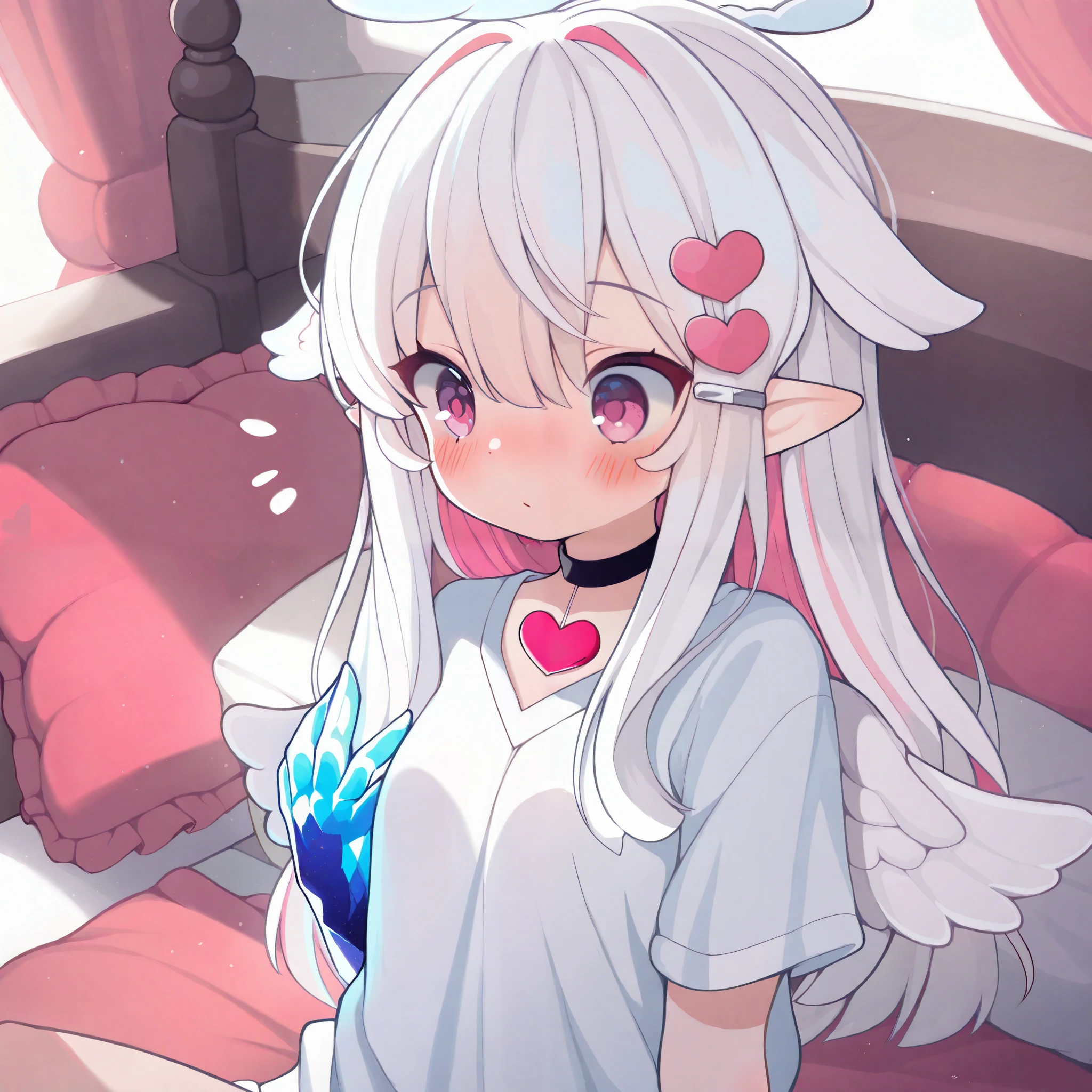 masterpiece, best quality, 1girl, ite, fantasy,halo, upper body, blush, hair clip, dynamic angle, looking to hand, blush, surprised, closed mouth, pink eyes, pointy ears, long hair, hair flaps, white hair, multicolored hair, pink tips hair, bangs, hair between eyes, hair ornament, heart choker, red bow, white t-shirt, back wings,angel wings, feathered wings, short sleeves, heart hair ornament, shape hand changed, crystal hand, crystal hand skin, shiny, shiny crystal skin, pink ruby hand, bedroom, bed, pillow, sitting on bed, sunlight, kawaii style