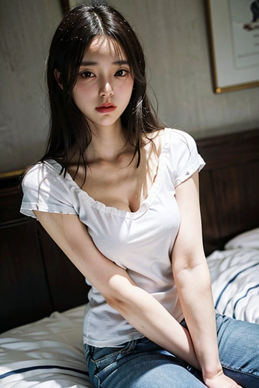 1girll,white  shirt，Raised sexy，perfect body for women，nedium breasts，long leges，鎖骨，Sit on a comfortable sofa,Cross ed leg,Soft light，tmasterpiece，delicated