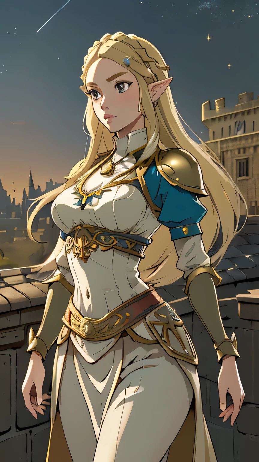 1girl in, 21, princess Zelda, photo of perfect woman, portrait, looking straight at camera, 5'3", Solo, Aesthetic artwork, (blond, straight blonde hair, waist length blond hair:1.25), (clear skin, pale skin, small breasts, B-cup, runners body, very thin waist, skinny, petite, detailed skin texture, (Masterpiece, focus on breasts:1.2), (wearing an elegant gold armor, full dress armor), (Castle rooftop, ancient midnight Castle, stary sky), (extremely detailed 8k wallpaper), evening outdoor lighting, high quality, film grain, Fujifilm XT3 sharp focus, f 5.6, 50mm, High Detail, Sharp focus, (natural light), crazy details, complex details, hyper detailed