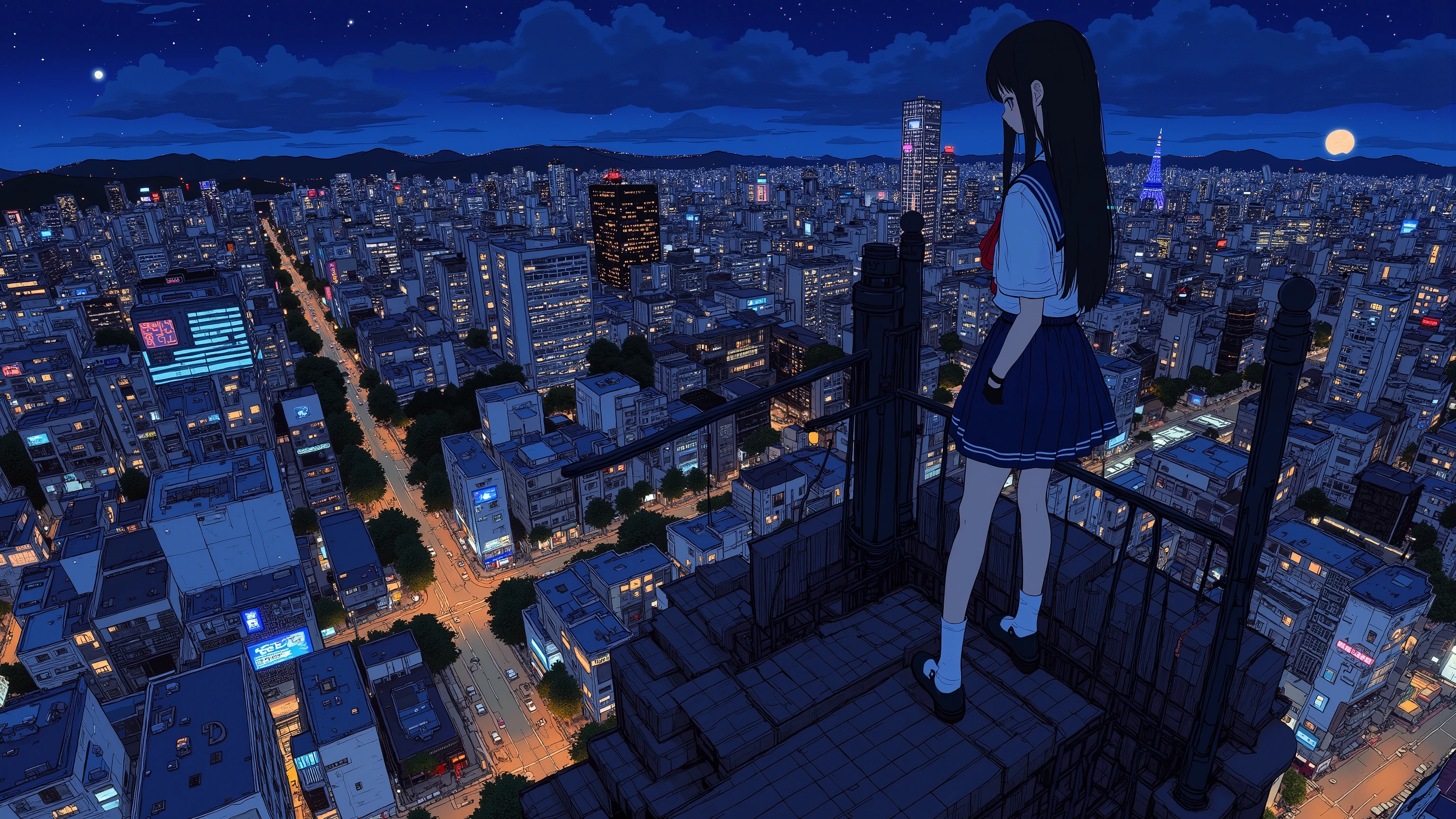 Anime girl standing on a ledge overlooking a city at night - SeaArt AI