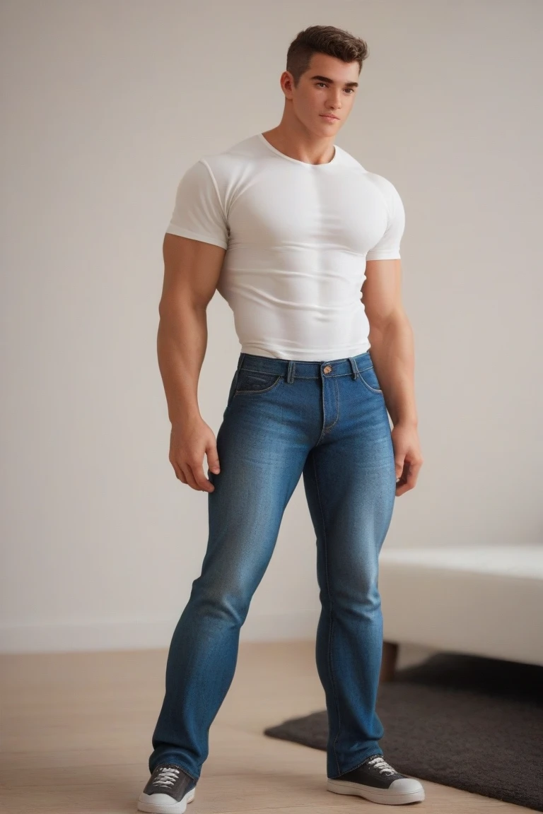 photo of jmh wearing (red) tank top and denim shorts, wearing Converse sneakers, standing in front of white wall <lora:jmh_epoch_8:0.8>, white blank background, (smirk:0.5), Terry Richardson style, (shaggy hair:0.5)