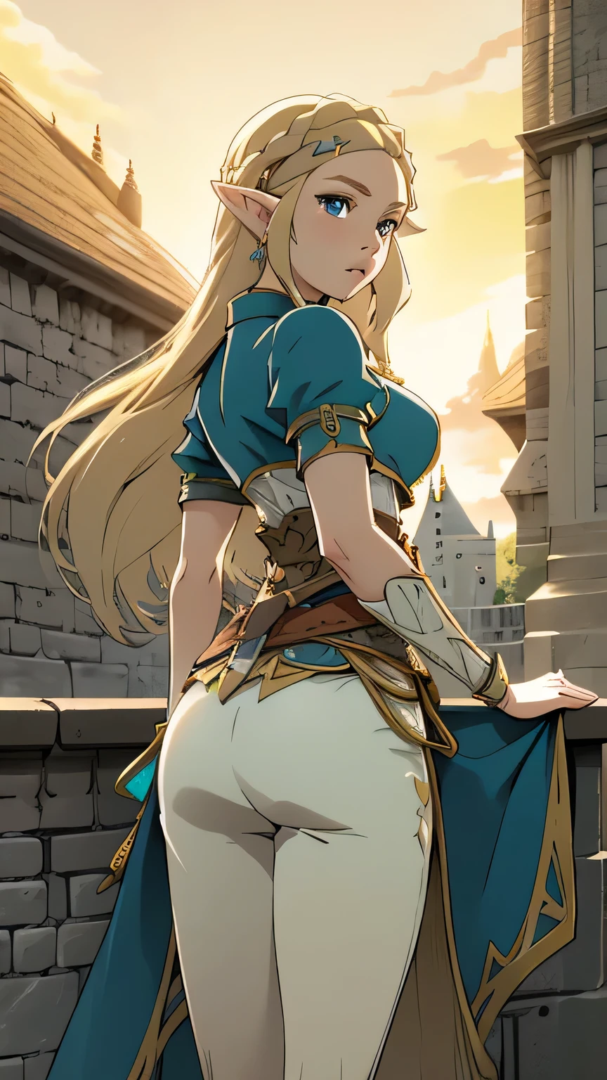1girl in, age21, princess Zelda, photo of perfect woman, portrait, looking straight at camera, 5'3", Solo, Aesthetic artwork, (blond, straight blonde hair, waist length blond hair:1.25), (clear skin, pale skin, small breasts, B-cup, runners body, very thin waist, skinny, petite, detailed skin texture, (Masterpiece), (shot from behind, up skirt, shocked expression, wide eyes, parted lips, focus on ass:1.2), (wearing an elegant gold armor, full dress armor), (Castle rooftop, ancient midnight Castle, stary sky), (extremely detailed 8k wallpaper), outdoor lighting, high quality, film grain, Fujifilm XT3 sharp focus, f 5.6, 50mm, High Detail, Sharp focus, (natural light), crazy details, complex details, hyper detailed